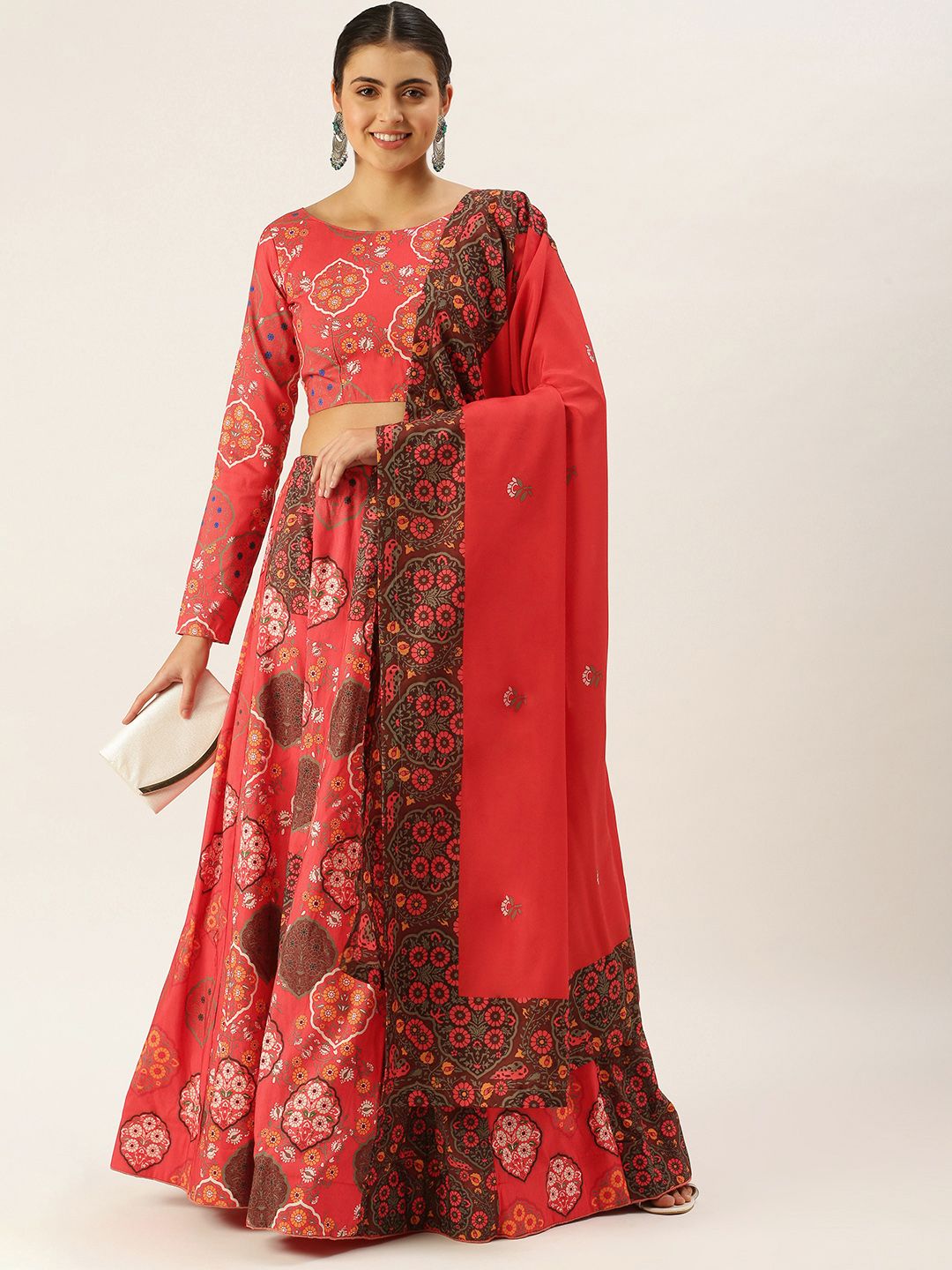 LOOKNBOOK ART Women Coral Pink Semi-Stitched Lehenga & Unstitched Blouse With Dupatta Price in India