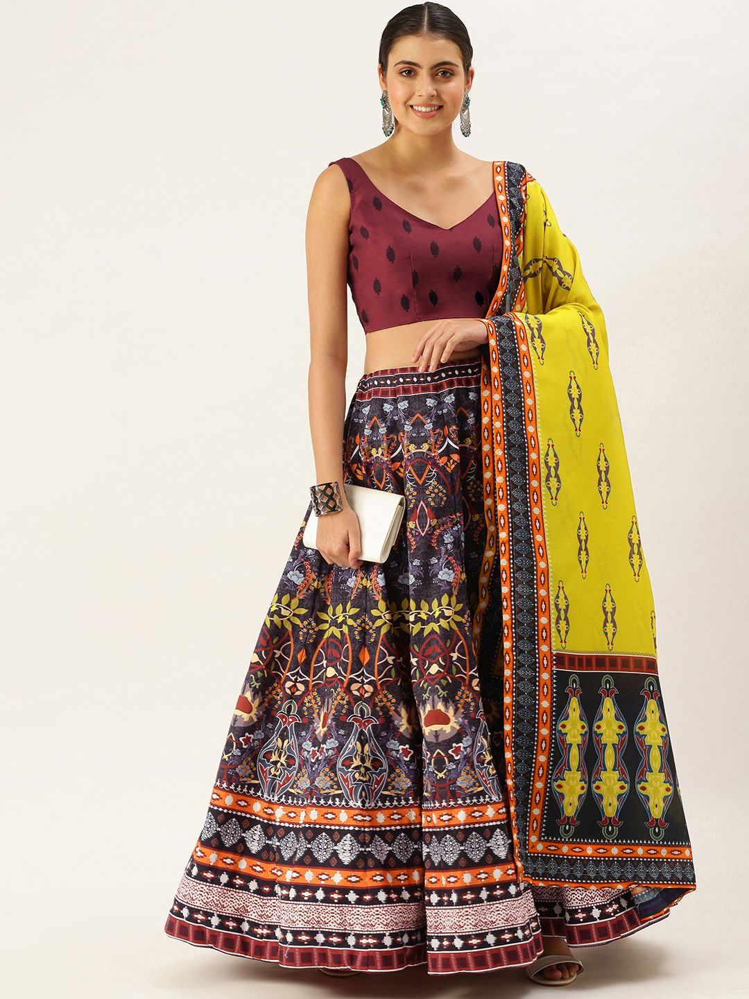 LOOKNBOOK ART Women Maroon & Black Semi-Stitched Lehenga & Unstitched Blouse With Dupatta Price in India