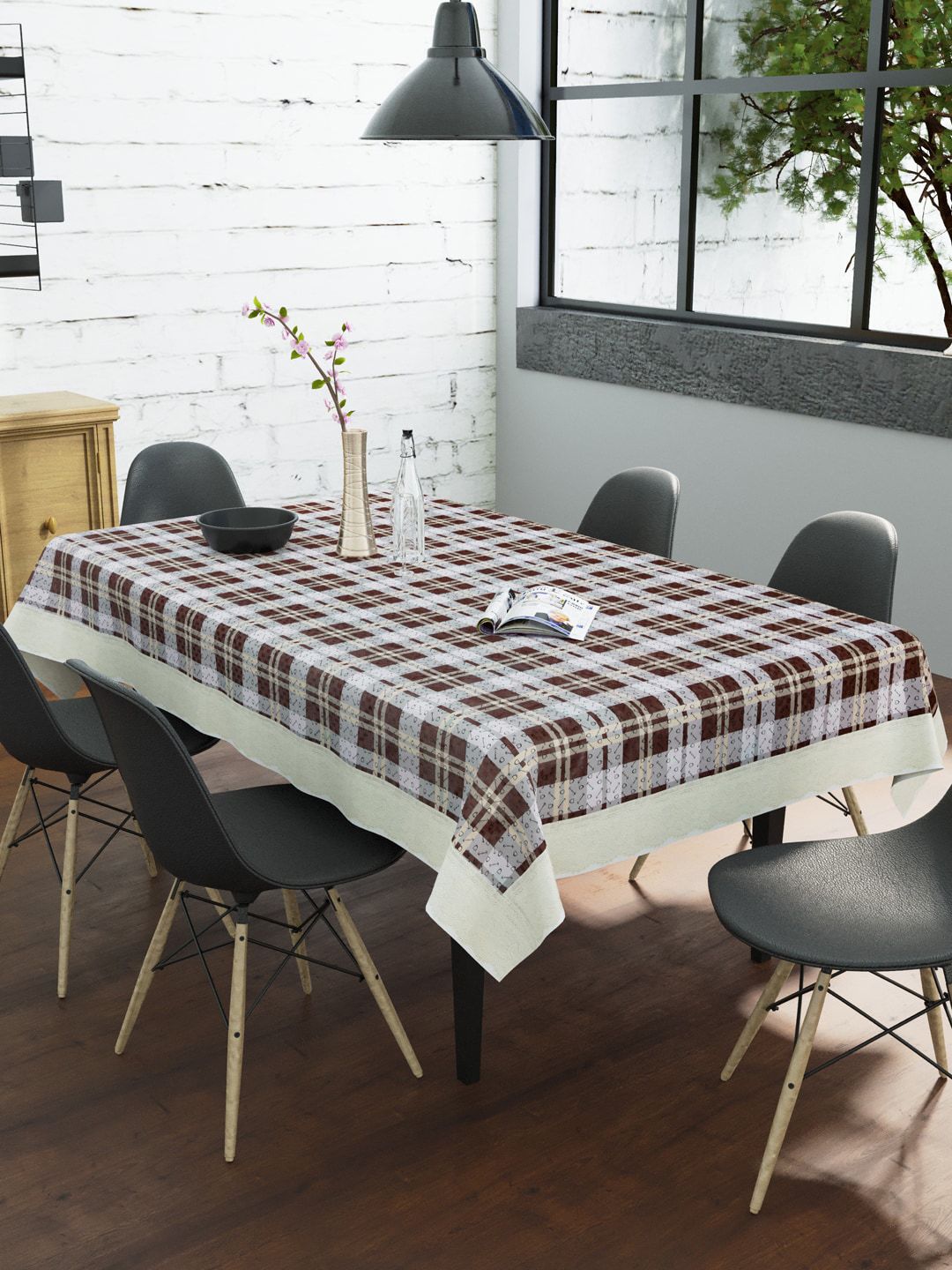 Clasiko Brown & White Checked 6 Seater Dining Table Cover Price in India