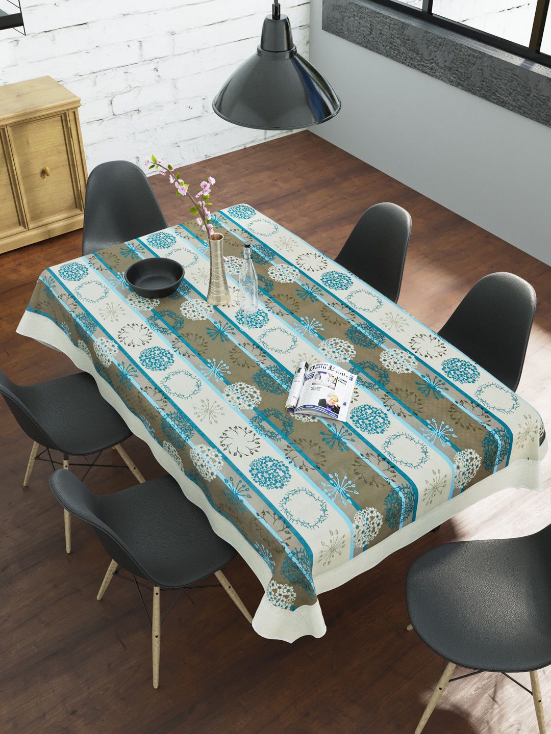 Clasiko White & Teal Blue Floral Printed 6 Seater Dining Table Cover Price in India