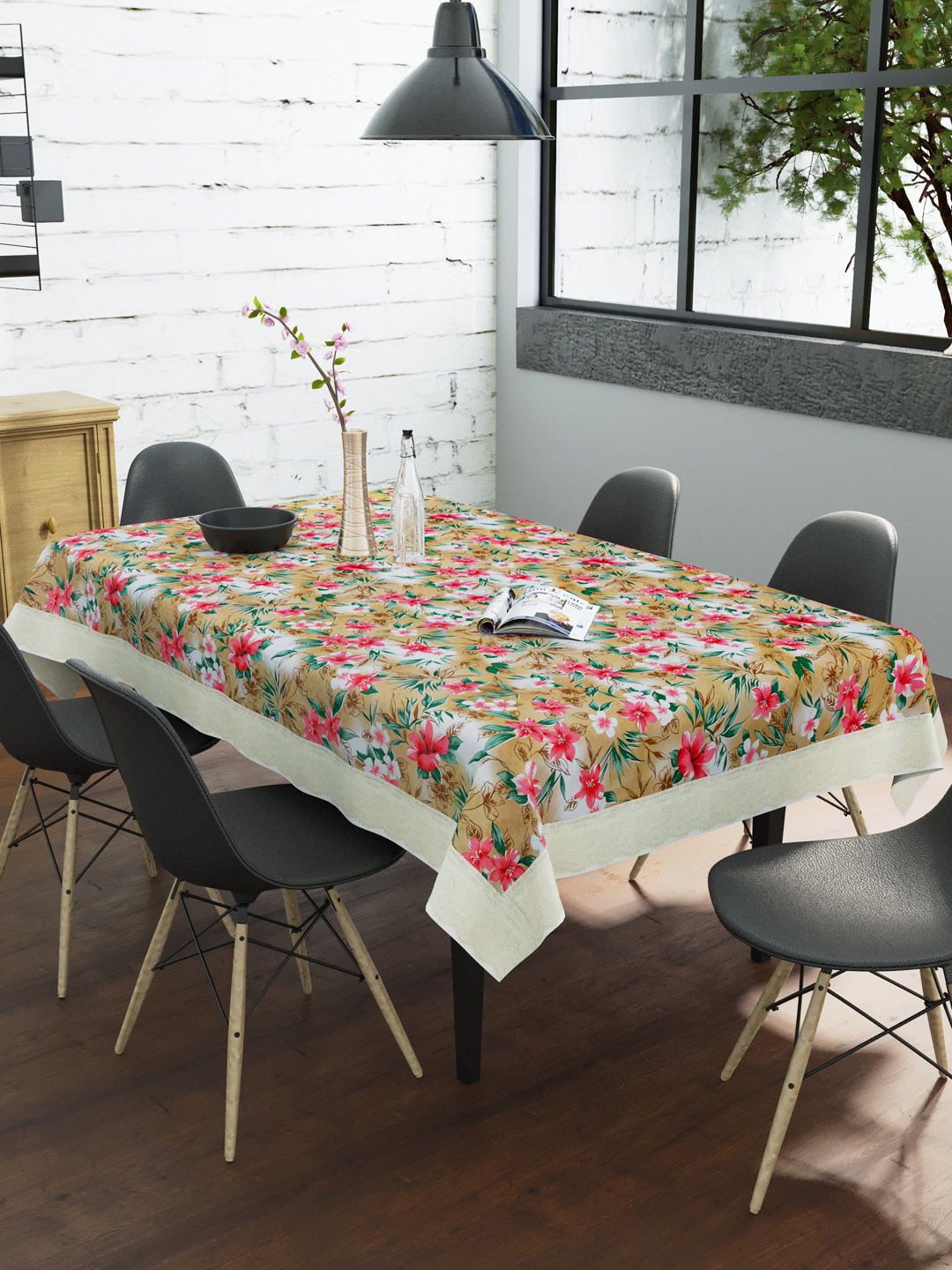 Clasiko Beige & Pink Floral Printed 6 Seater Dining Table Cover Price in India
