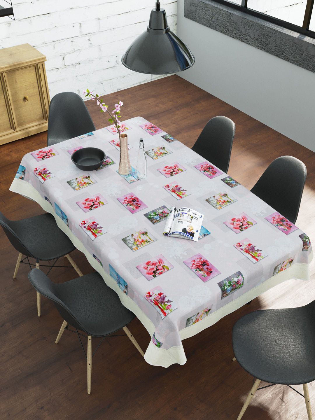 Clasiko Grey & Pink Floral Printed 6 Seater Dining Table Cover Price in India