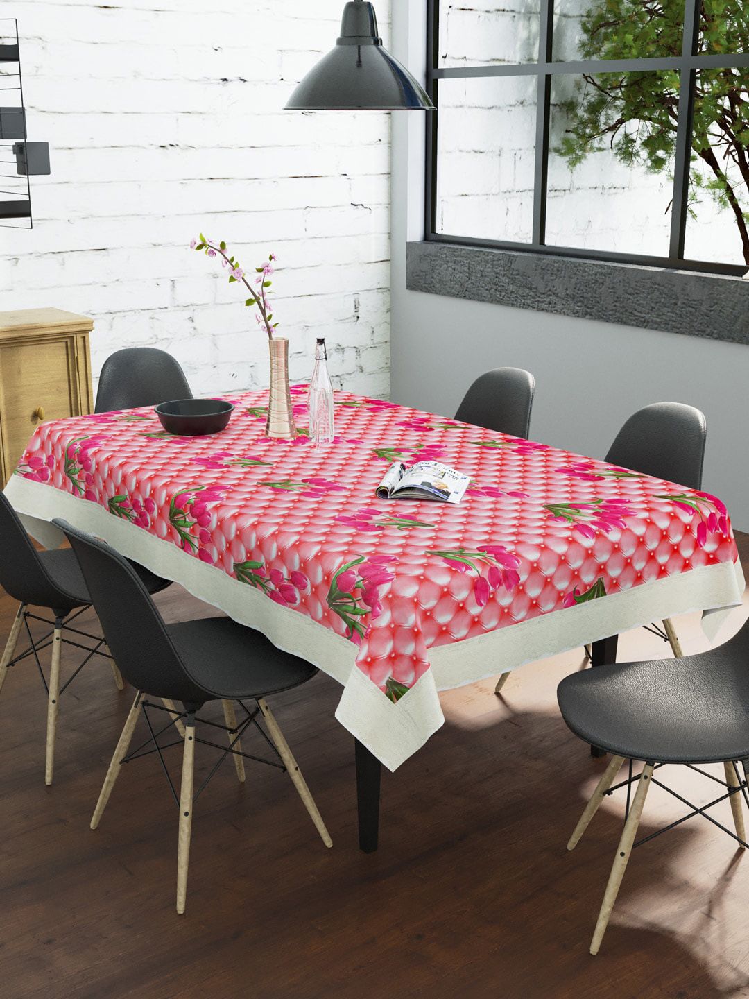 Clasiko Pink & Green Floral Printed 6 Seater Dining Table Cover Price in India