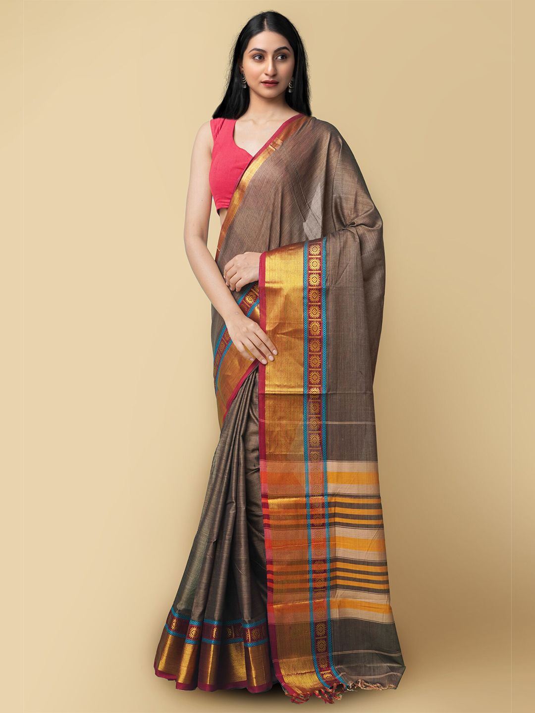 Unnati Silks Brown & Red Zari Pure Cotton Narayan Peth Saree