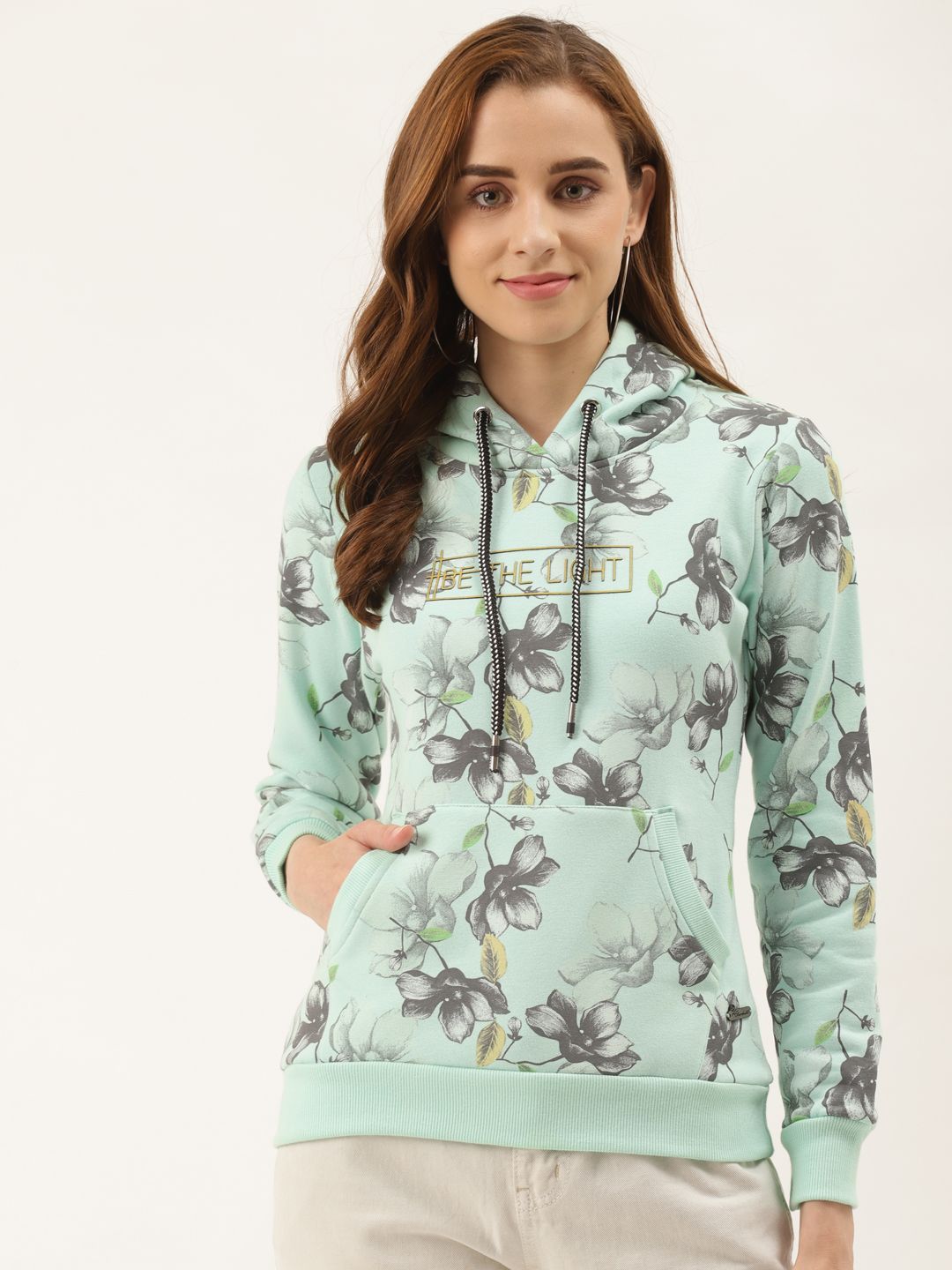 Duke Women Sea Green & Grey Printed Hooded Sweatshirt Price in India