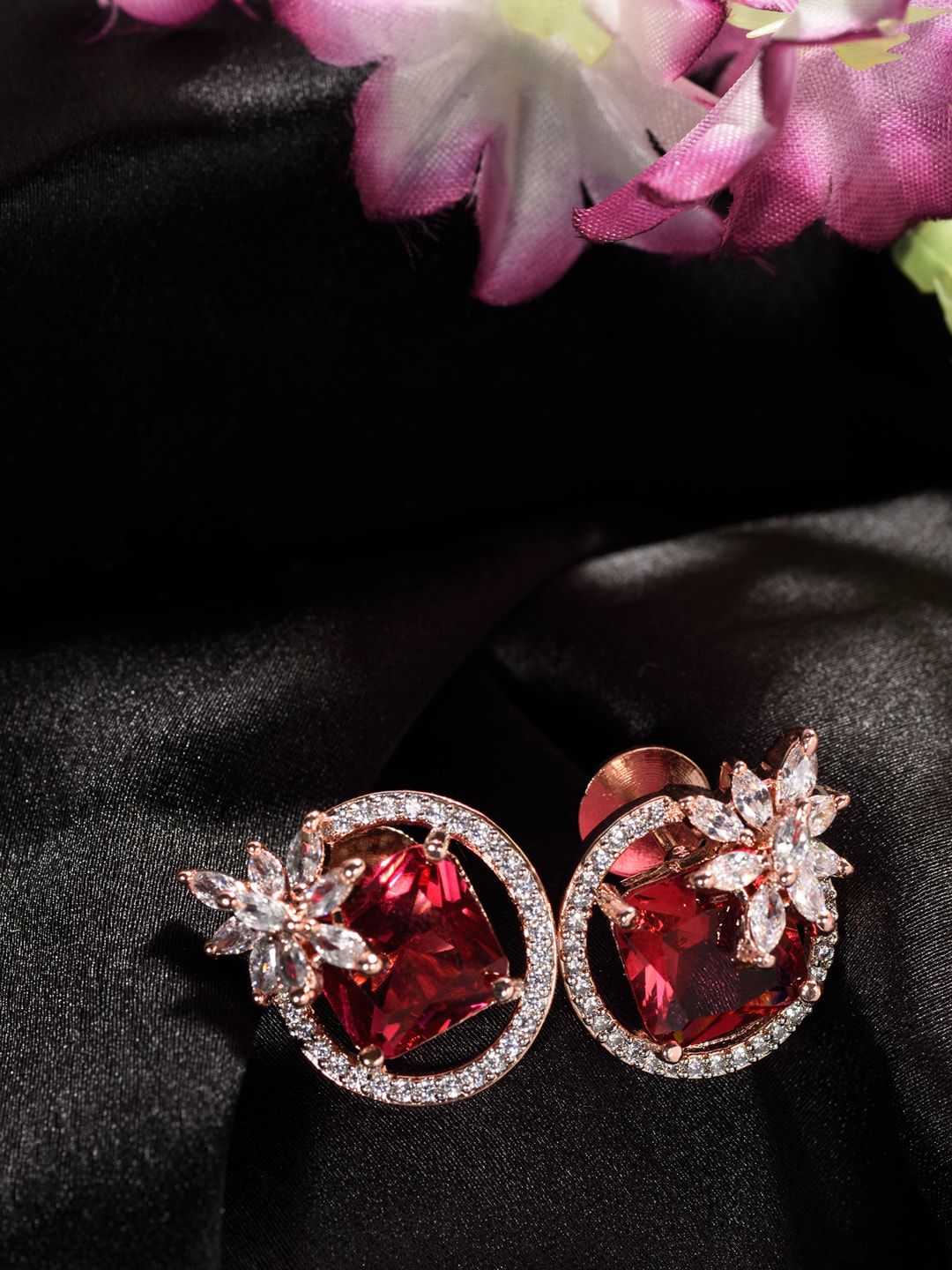 Saraf RS Jewellery Red & Rose Gold-Plated AD Floral Studs Earrings Price in India