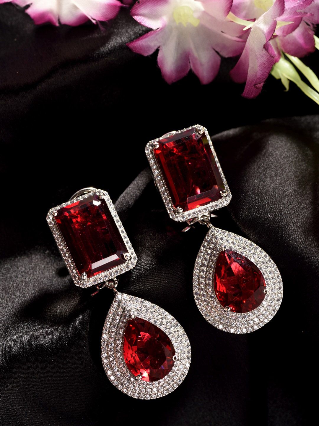 Saraf RS Jewellery Magenta & Silver-Plated Teardrop Shaped Drop Earrings Price in India