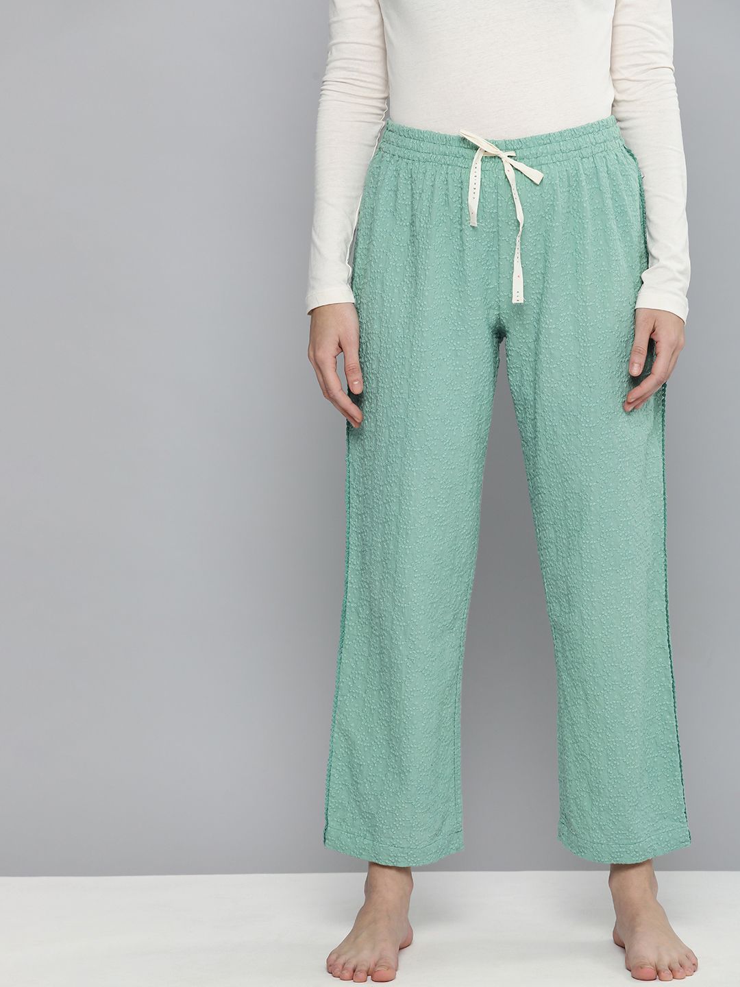 Chemistry Women Sea Green Self-Design Cotton Lounge Pants Price in India