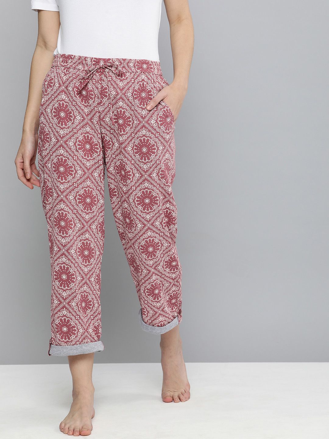 Chemistry Women Mauve Printed Cotton Lounge Pants Price in India