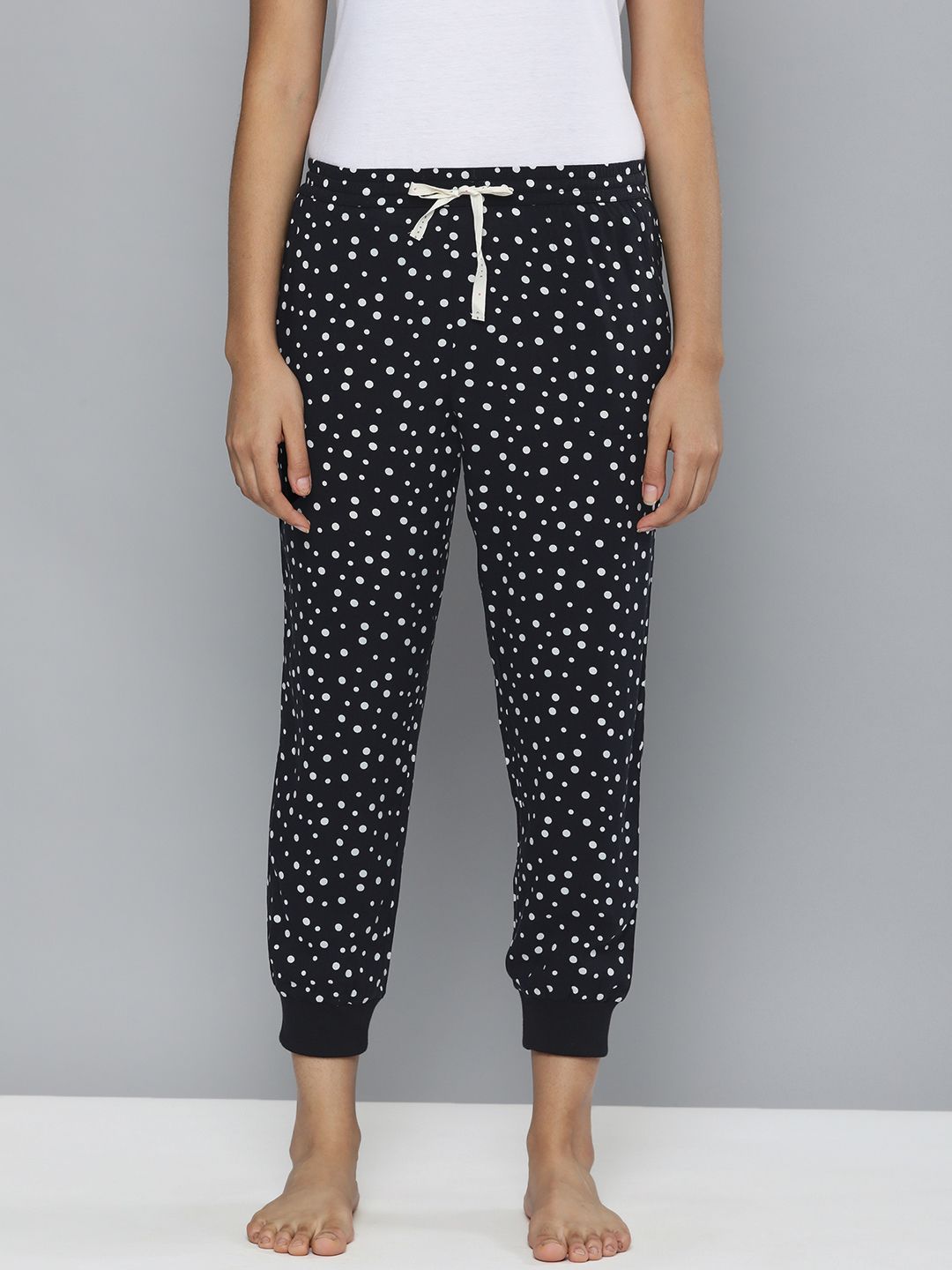 Chemistry Women Black Polka Dot Printed Lounge Pants Price in India