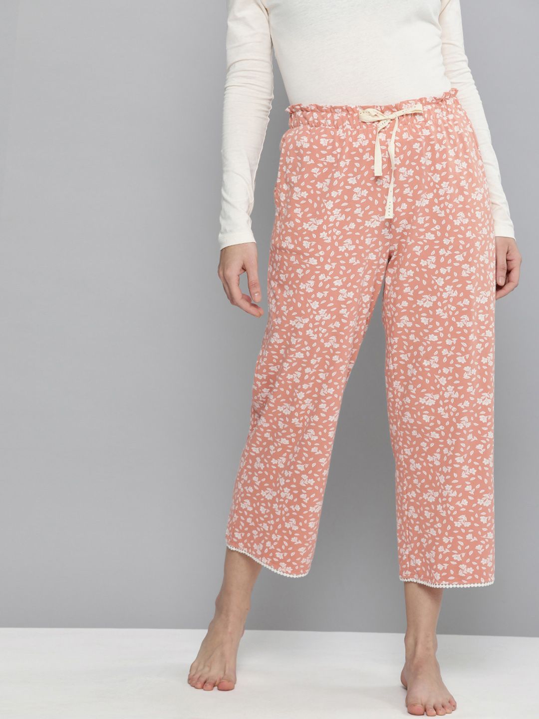 Chemistry Women Peach-Coloured Floral Printed Cotton Lounge Pants Price in India