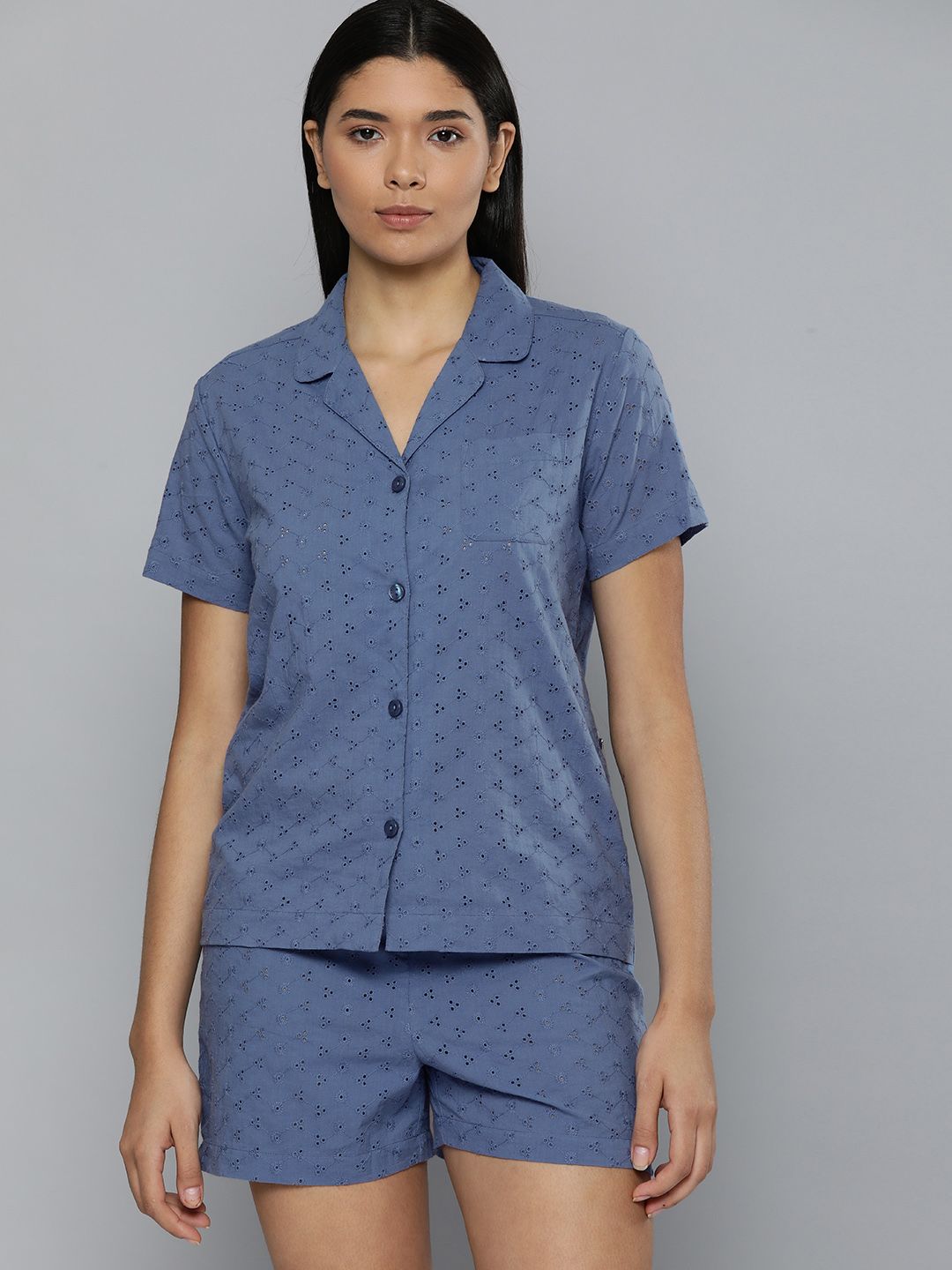 Chemistry Women Blue Pure Cotton Night suit Price in India