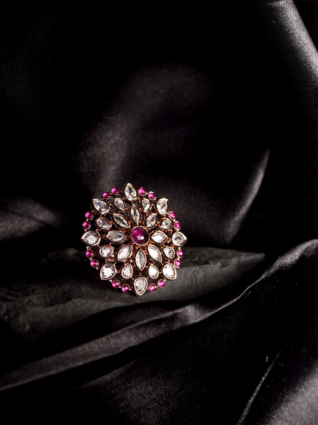 Saraf RS Jewellery Rose Gold-Plated Pink AD Studded Floral Adjustable Cocktail Finger Ring Price in India