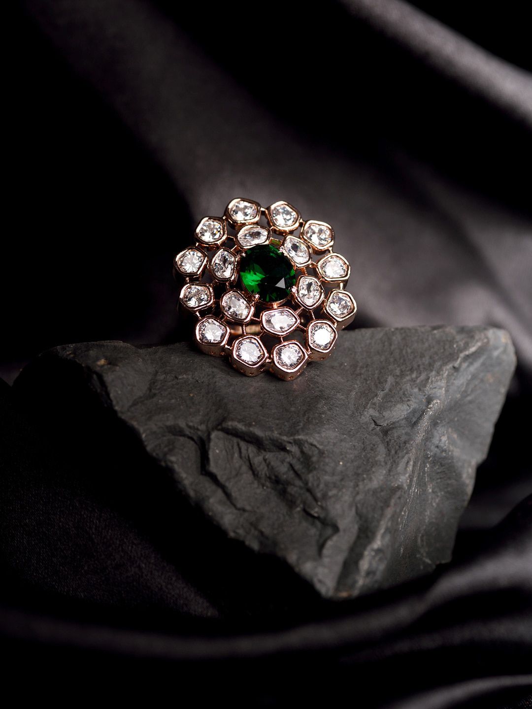 Saraf RS Jewellery Gold-Plated White & Emerald Green American Diamond Studded Handcrafted Finger Ring Price in India