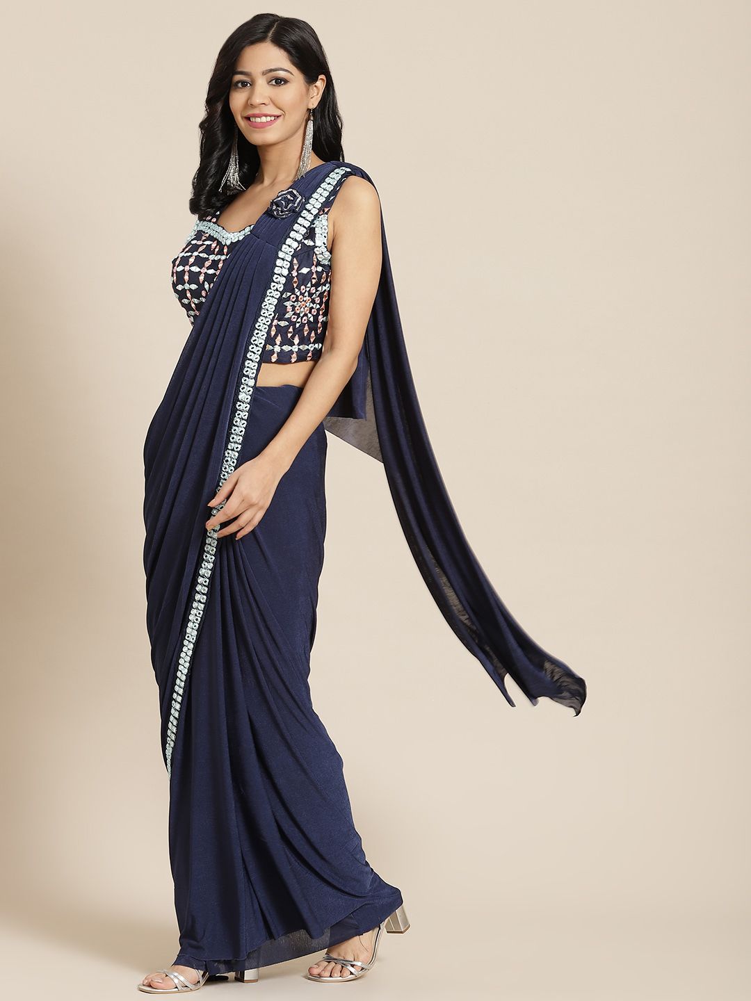 Mitera Navy Blue Embroidered Ready to Wear Saree Price in India