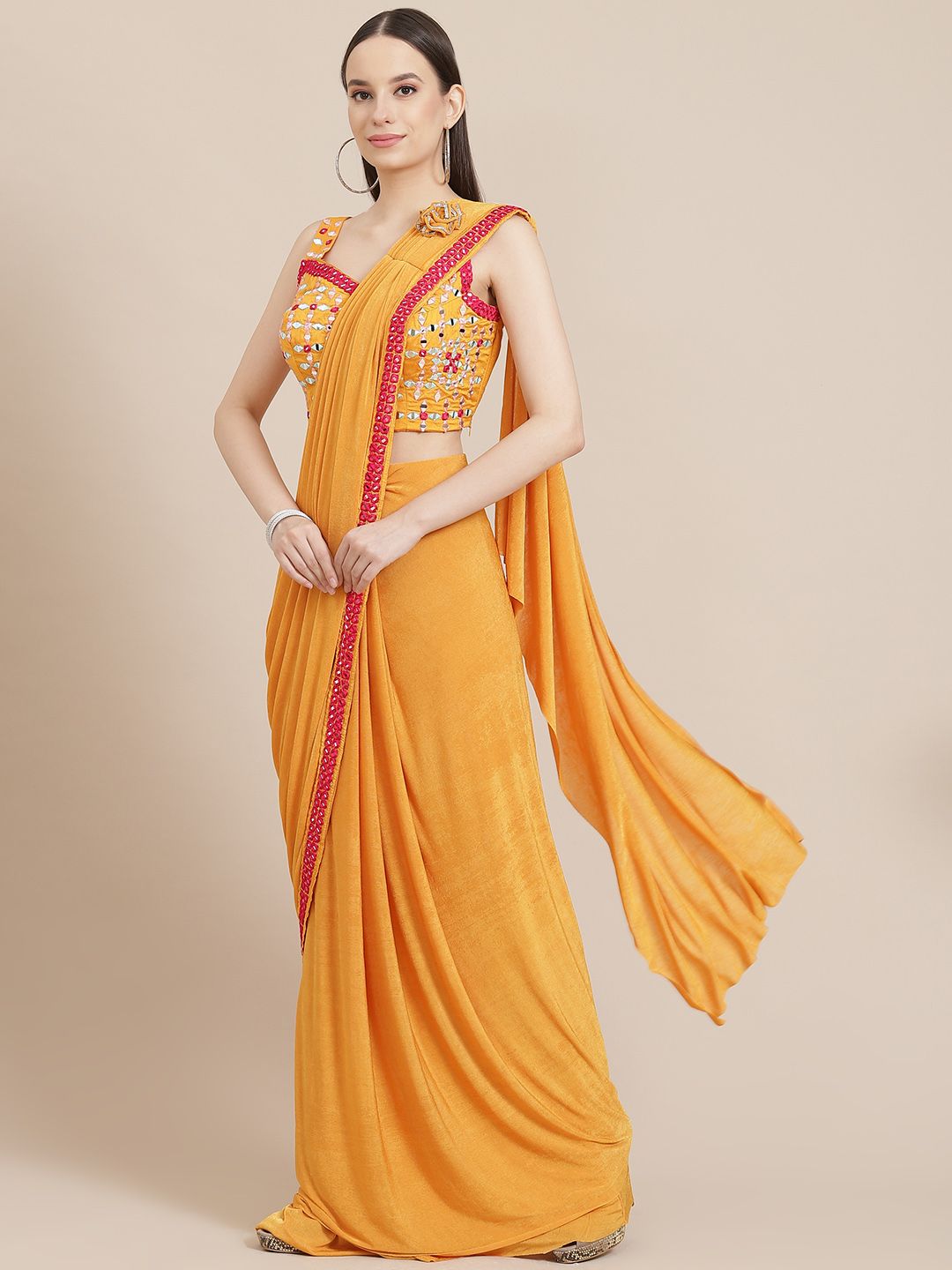 Mitera MustardYellow Solid Mirror Work Ready to Wear Saree Price in India