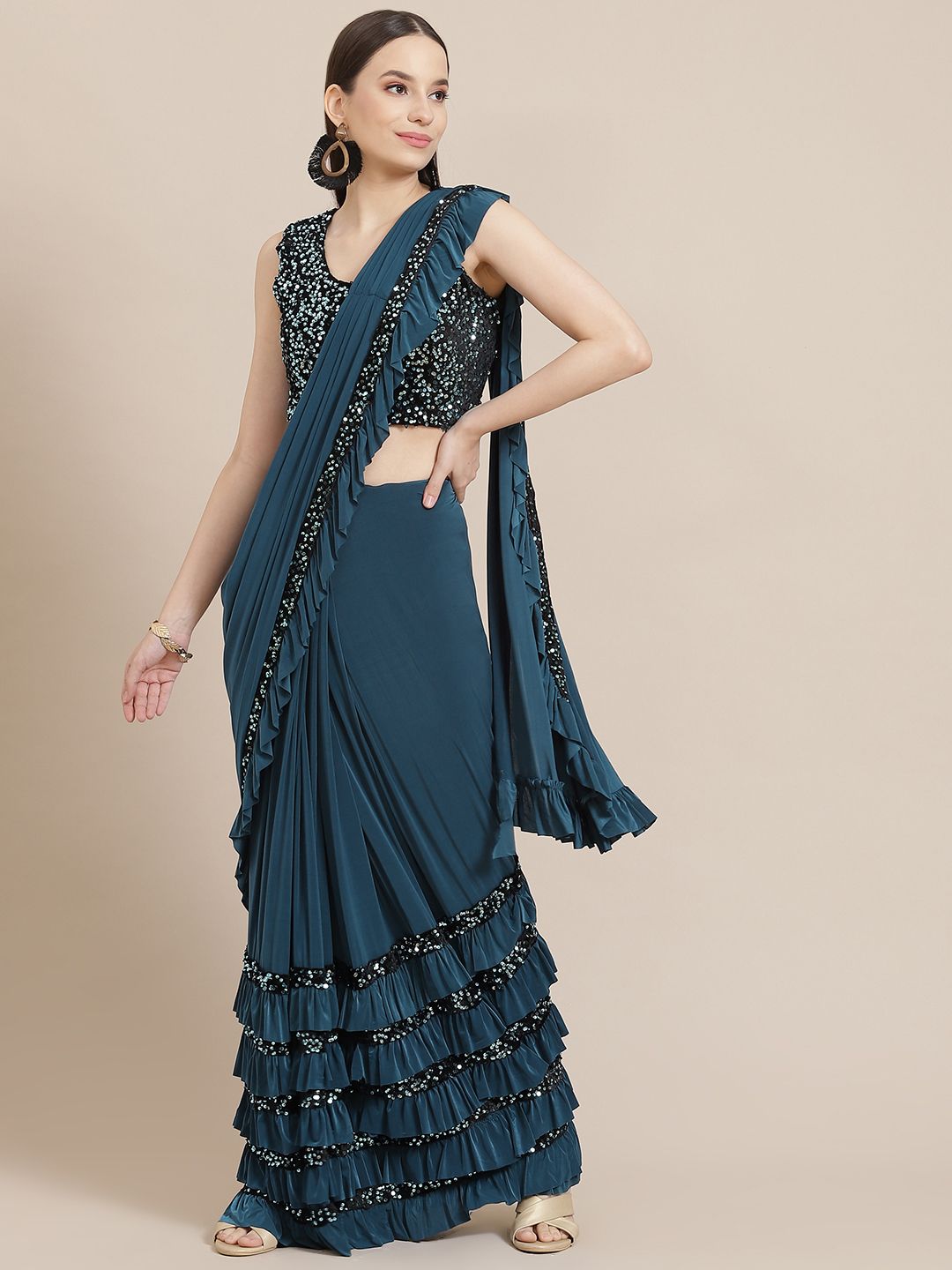 Mitera Teal Blue Sequinned Ready to Wear Saree Price in India