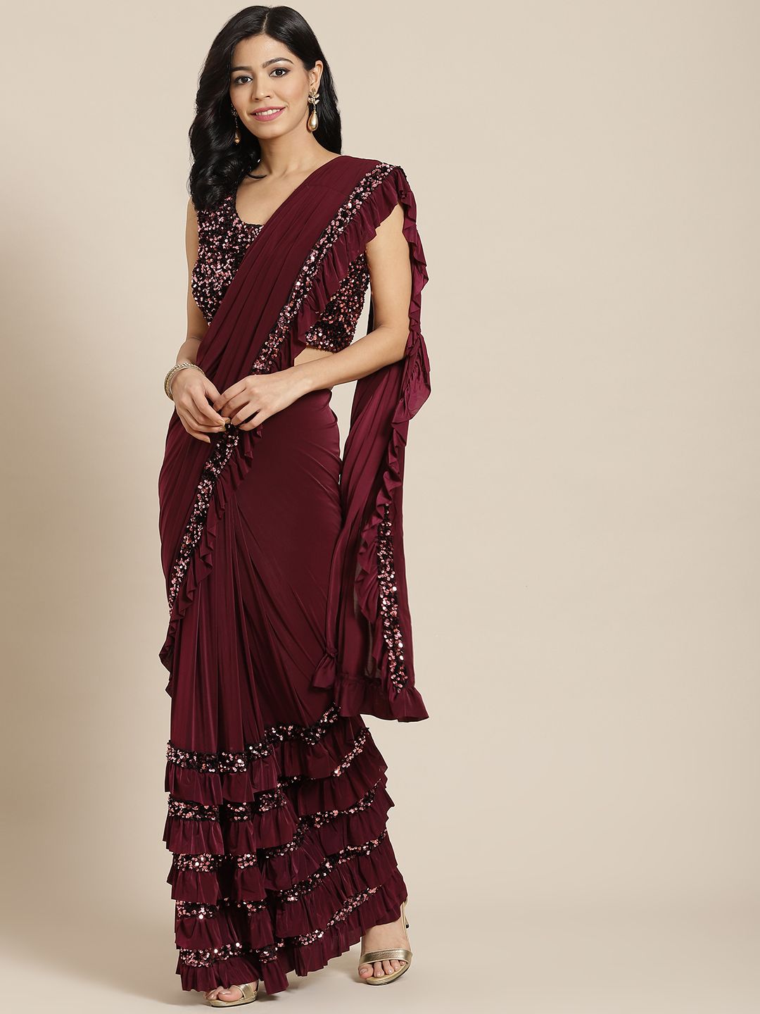 Mitera Burgundy Embroidered Ready to Wear Saree Price in India