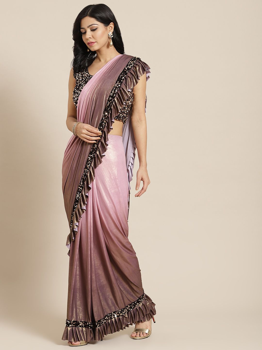 Mitera Purple Embroidered Ready to wear Ombre Sari Price in India