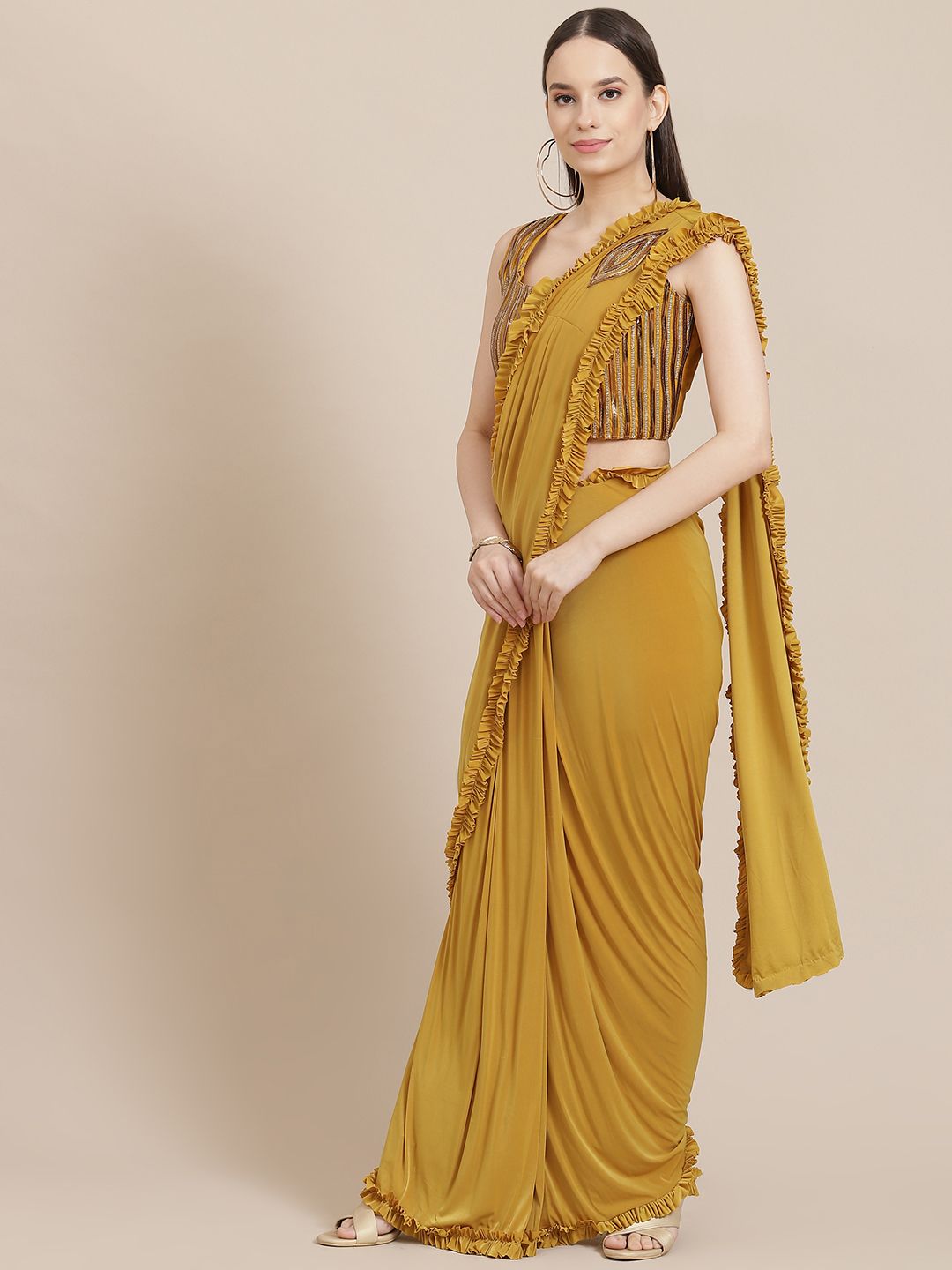 Mitera Mustard & Golden Solid Gotta Patti Ready to Wear Saree Price in India