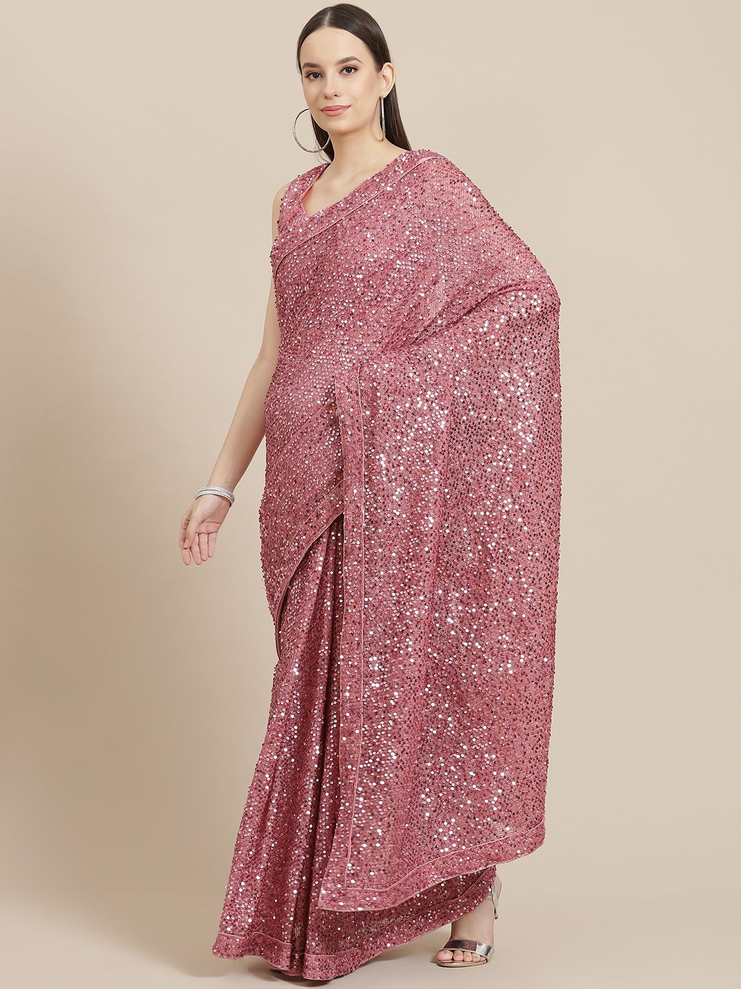 Mitera Pink Embellished Sequinned Ready to Wear Saree Price in India