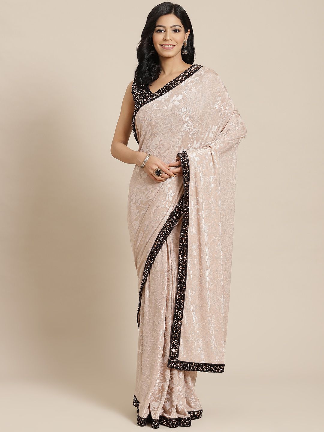 Mitera Cream-Coloured Embroidered Ready to Wear Saree Price in India