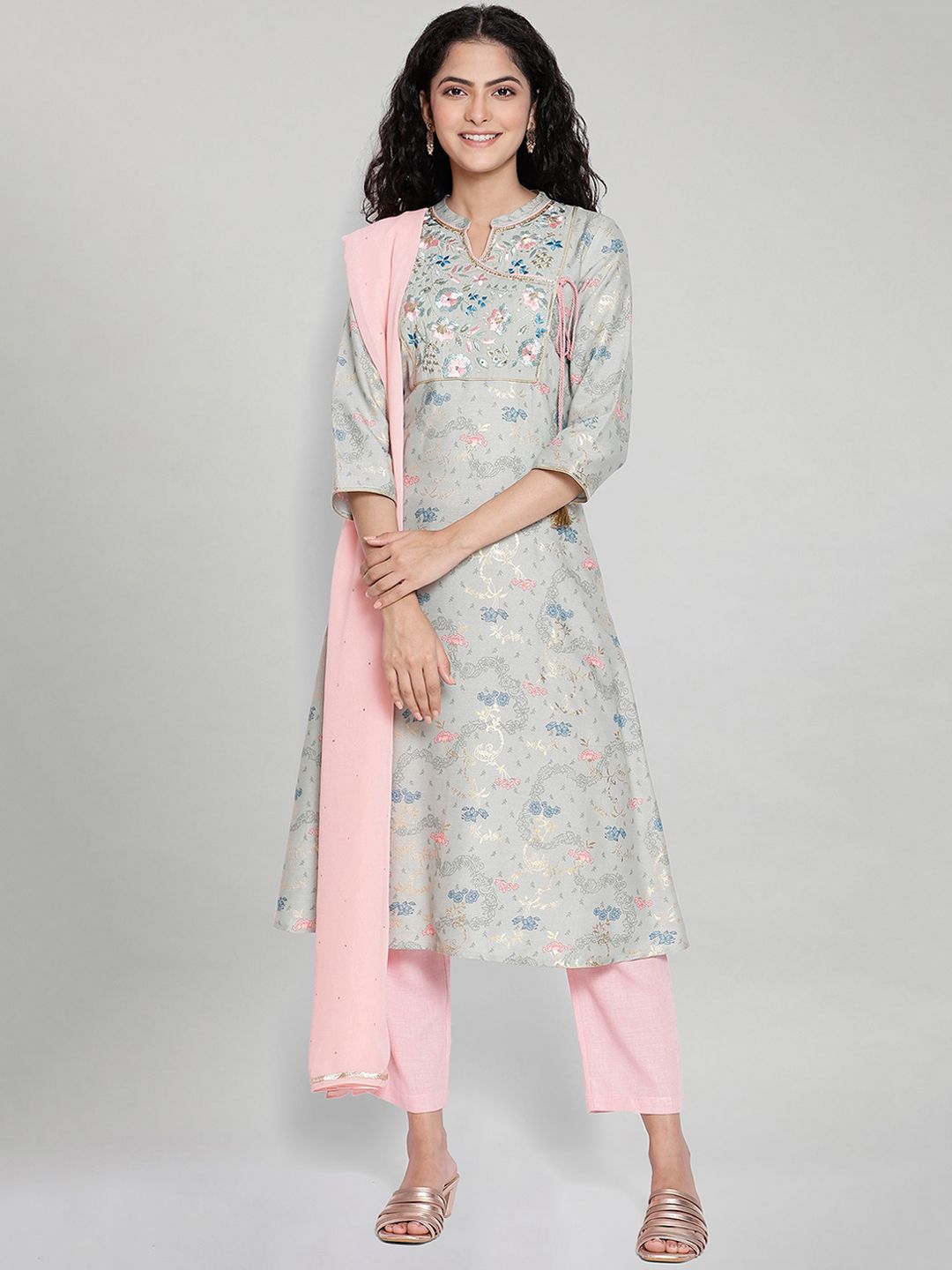 AURELIA Women Pink Floral Embroidered Regular Kurta with Trousers & With Dupatta Price in India