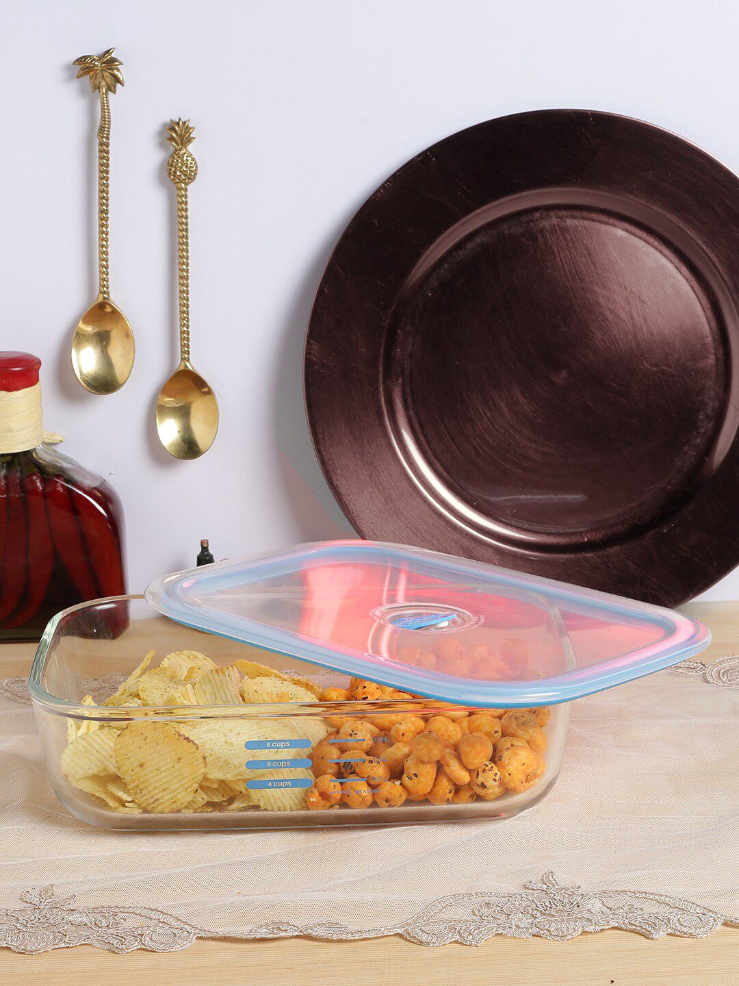 Decor Transparent & Blue Glass Rectangular Food Storage Container With Lid Price in India