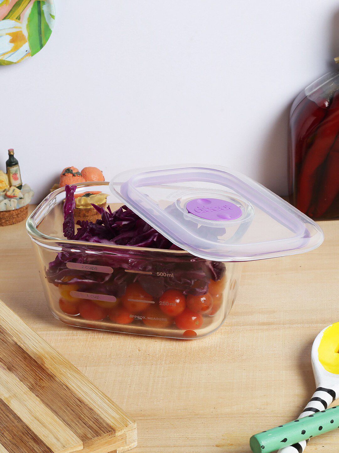 Decor Transparent & Purple Solid Rectangular Food Storage Container With Lid Price in India