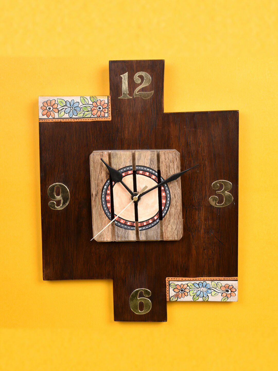 AAKRITI ART CREATIONS Brown Wooden Tribal Art Contemporary Analogue Wall Clock Price in India