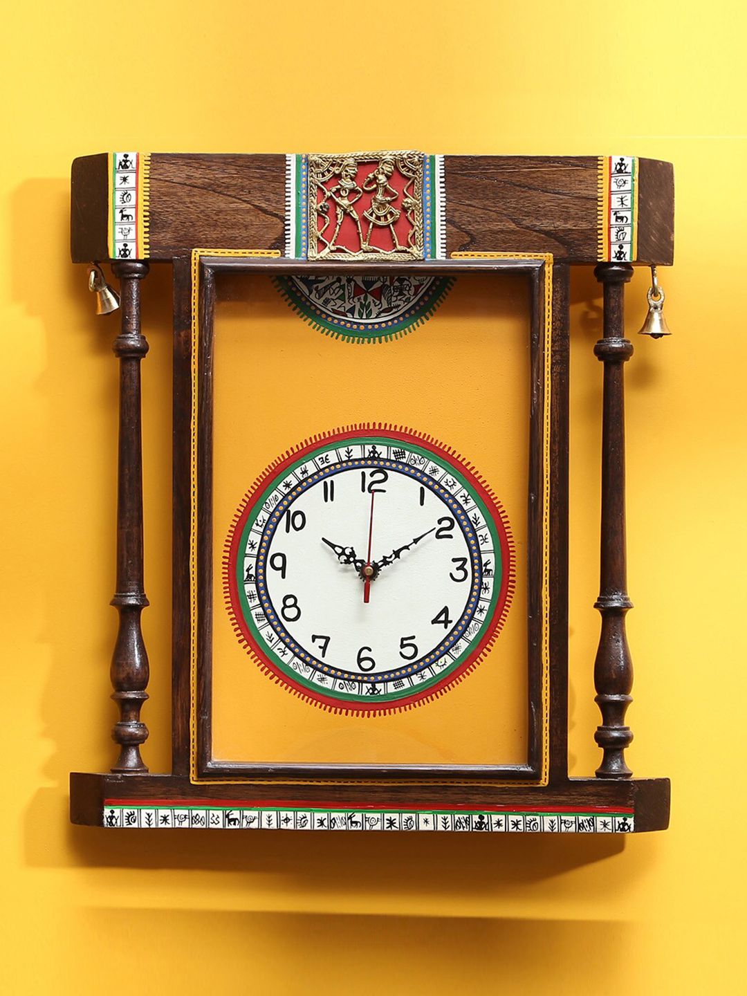 AAKRITI ART CREATIONS Brown & Yellow Warli Art Textured Rectangle Analogue Wall Clock Price in India