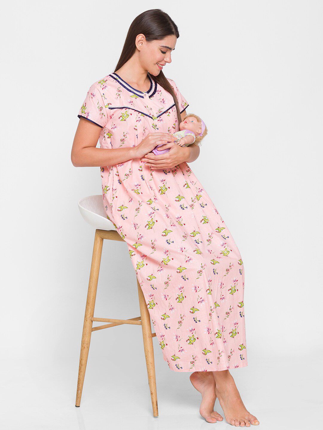 AV2 Peach-Coloured Printed Pure Cotton Maxi Nightdress