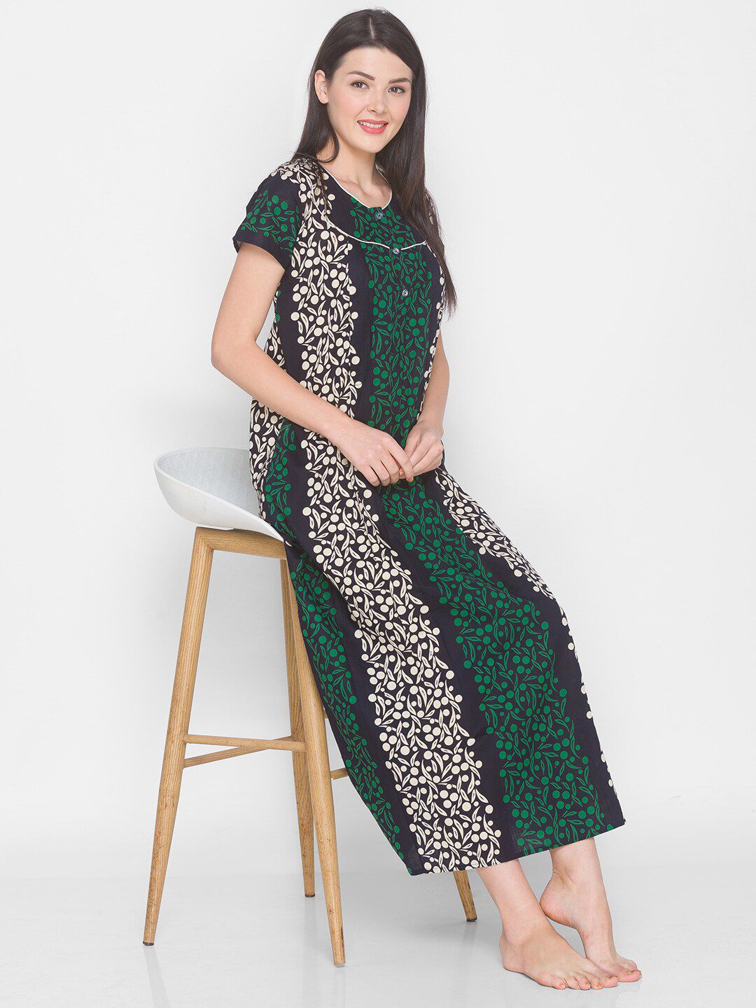 AV2 Black Printed Pure Cotton Maternity Maxi Nightdress