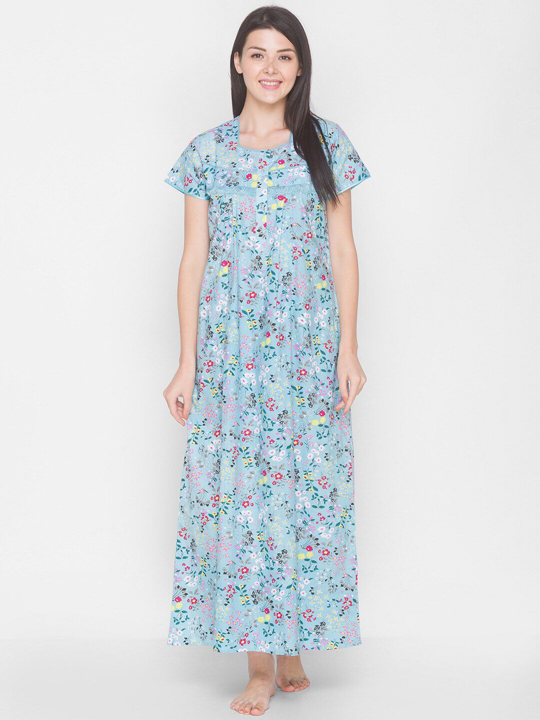 AV2 Blue Printed Maternity Nursing Pure Cotton Maxi Nightdress