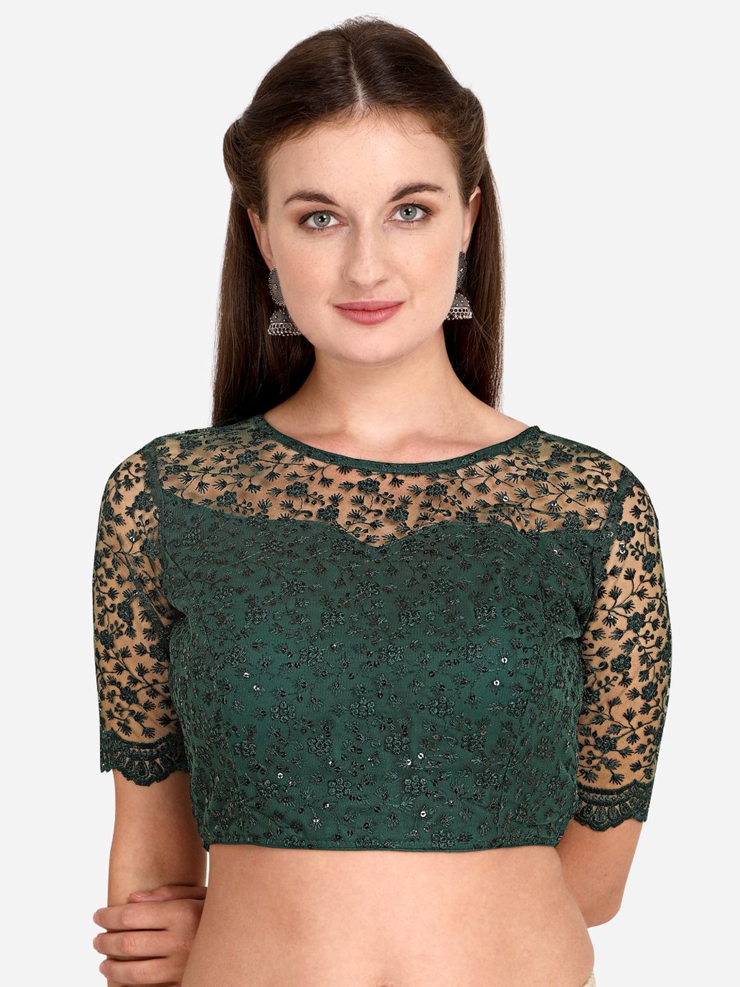 Amrutam Fab Green Embroidered & Sequences Net Blouse Price in India