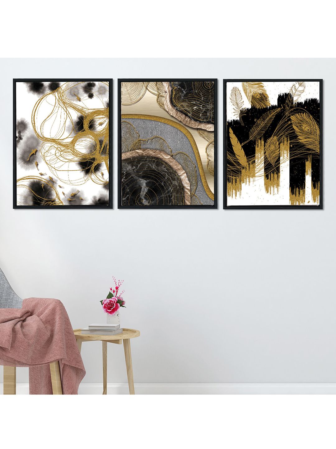 Art Street Unisex Set Of 3 Black & White Abstract Landscape Theme Framed Paintings Price in India