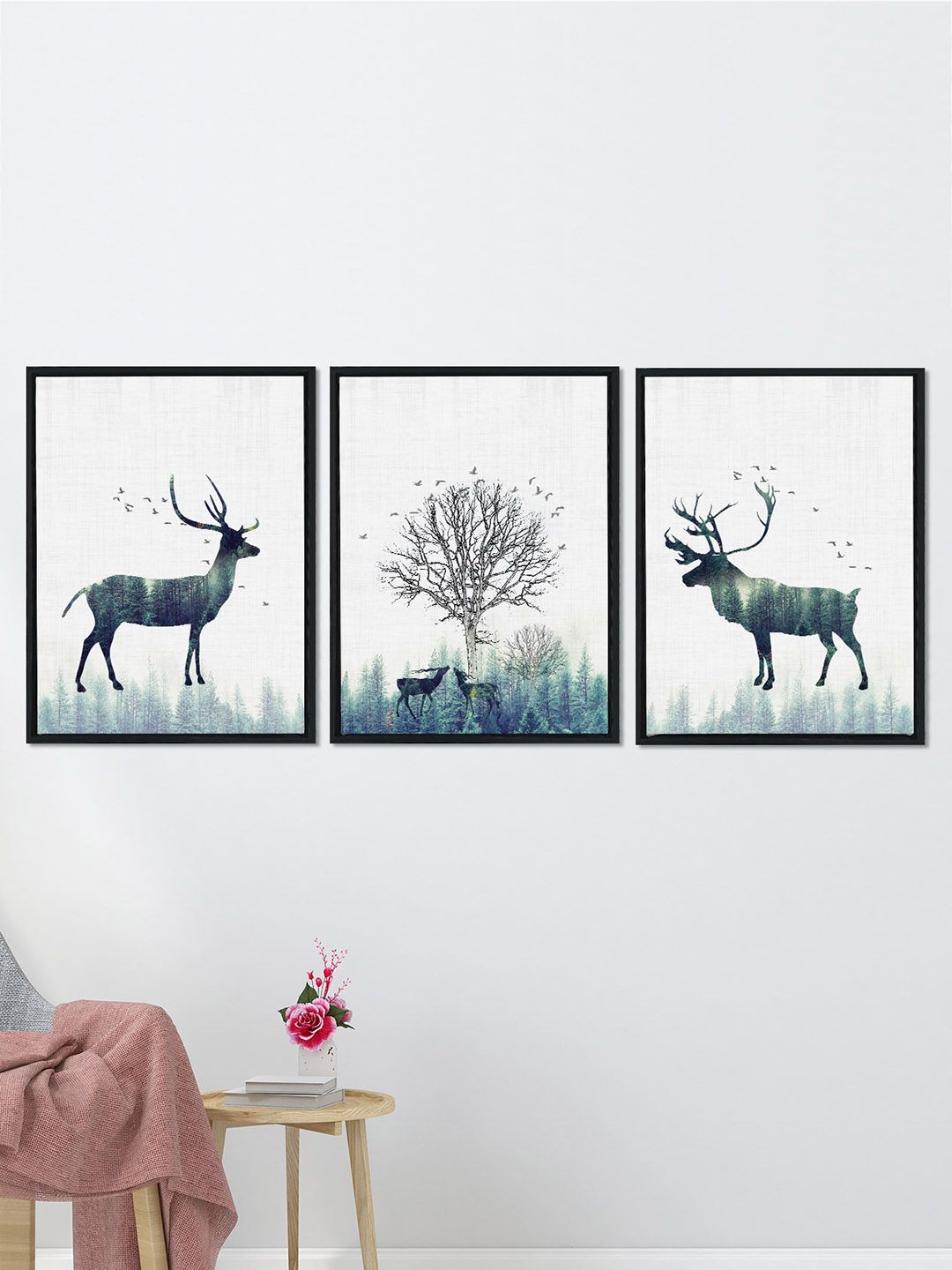 Art Street Set Of 3 White & Green Animal Theme Hand-Painted Framed Wall Art Price in India