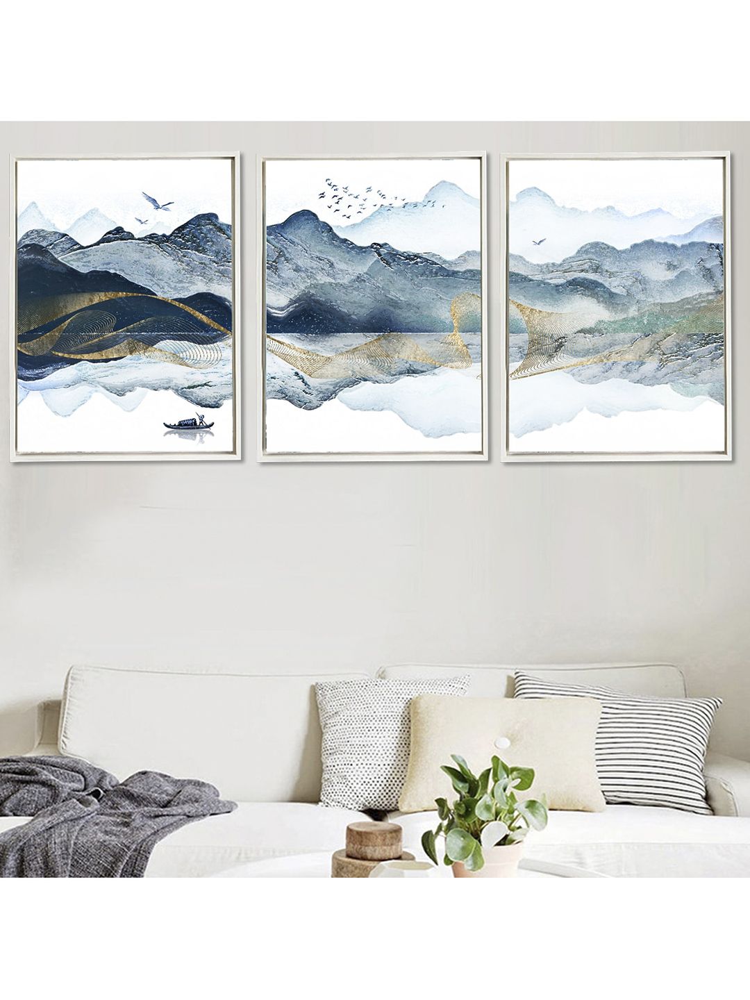 Art Street Unisex Set Of 3 White & Blue Mountain Nature Theme Framed Canvas Painting Price in India