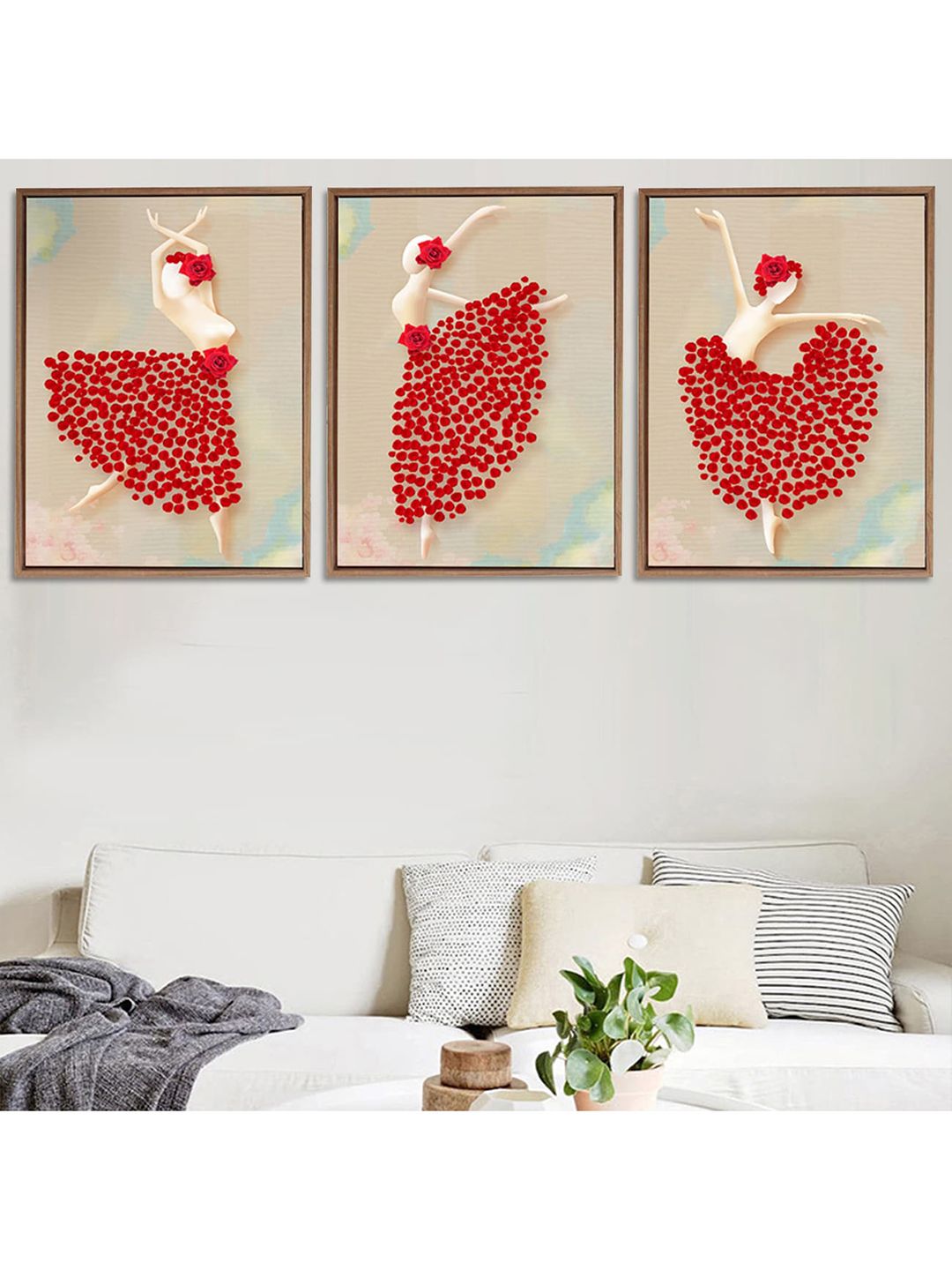 Art Street Set Of 3 Red & Beige Dancing Lady Framed Canvas Art Print Painting Price in India