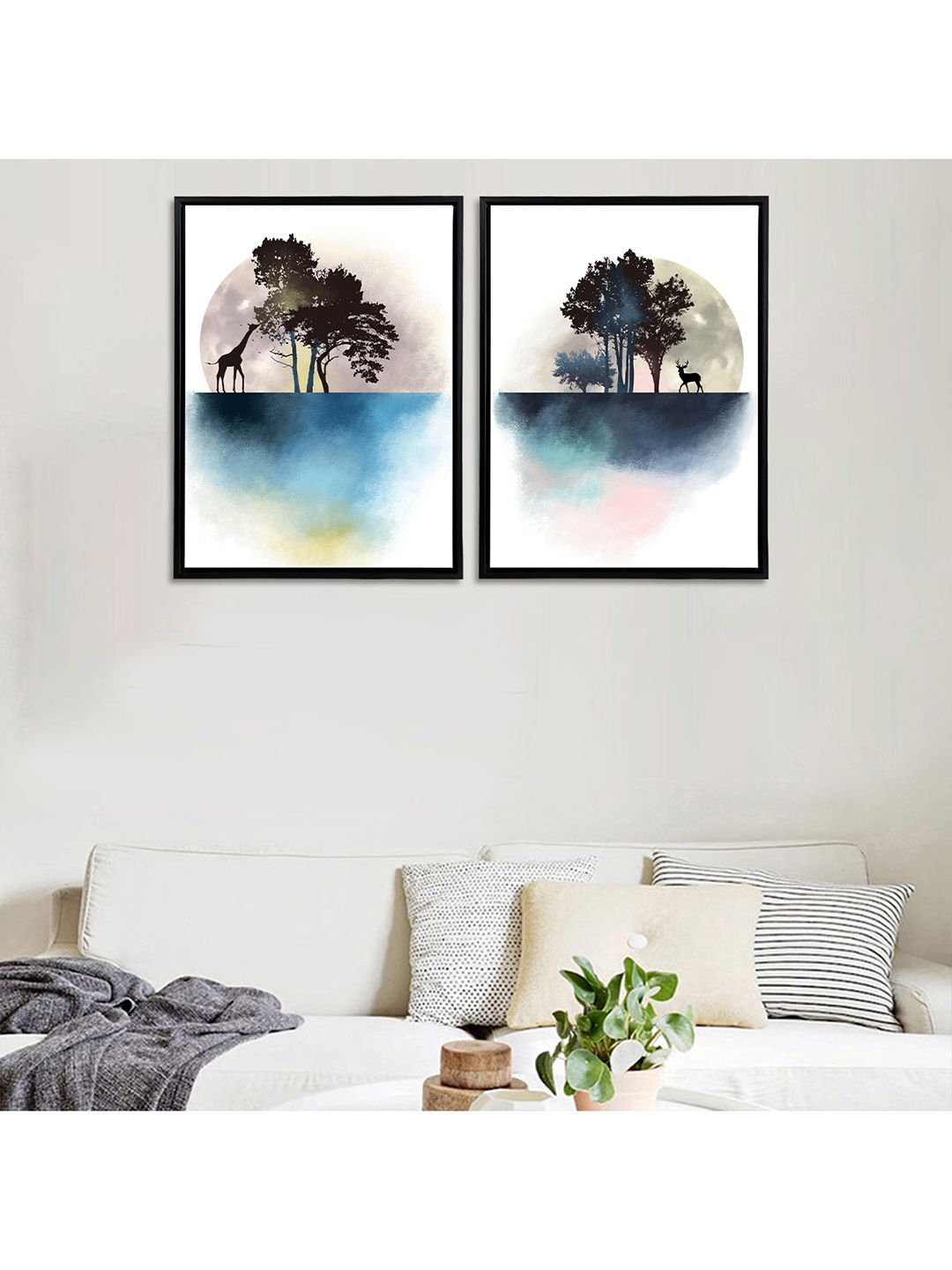 Art Street Unisex Set Of 3 White & Blue Nature Theme Framed Canvas Painting Price in India