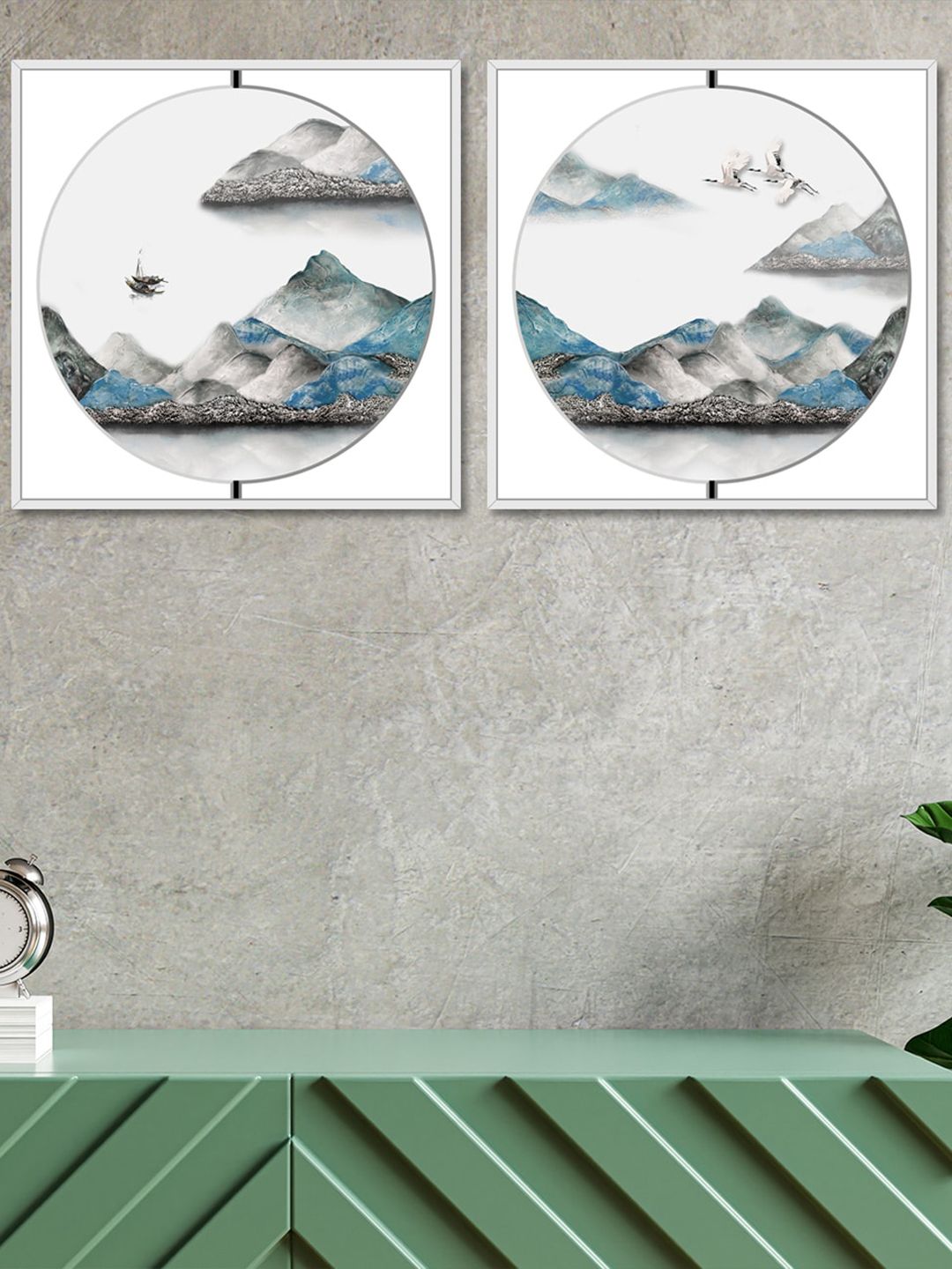Art Street Set Of 2 Grey & White Mountain Theme Hand-Painted Framed Wall Arts Price in India