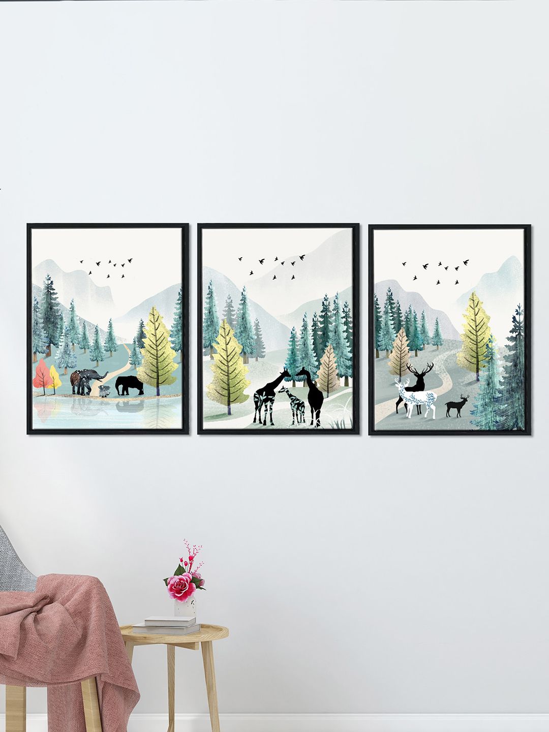 Art Street Set Of 3 White & Blue Nature & Animal Framed Canvas Art Print Painting Price in India