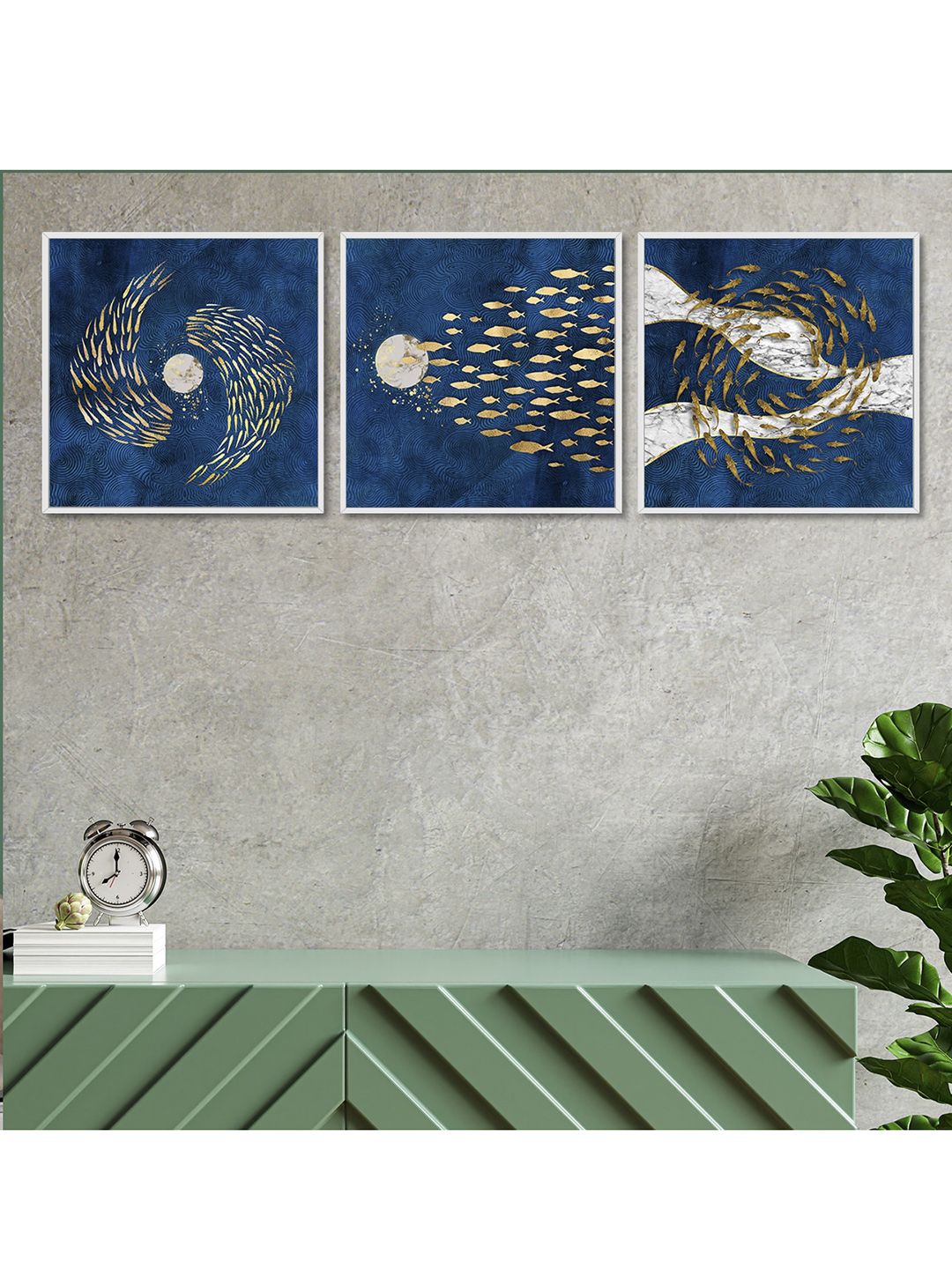 Art Street Set Of 3 Blue & Gold-Colored Abstract Painting Wall Art Price in India