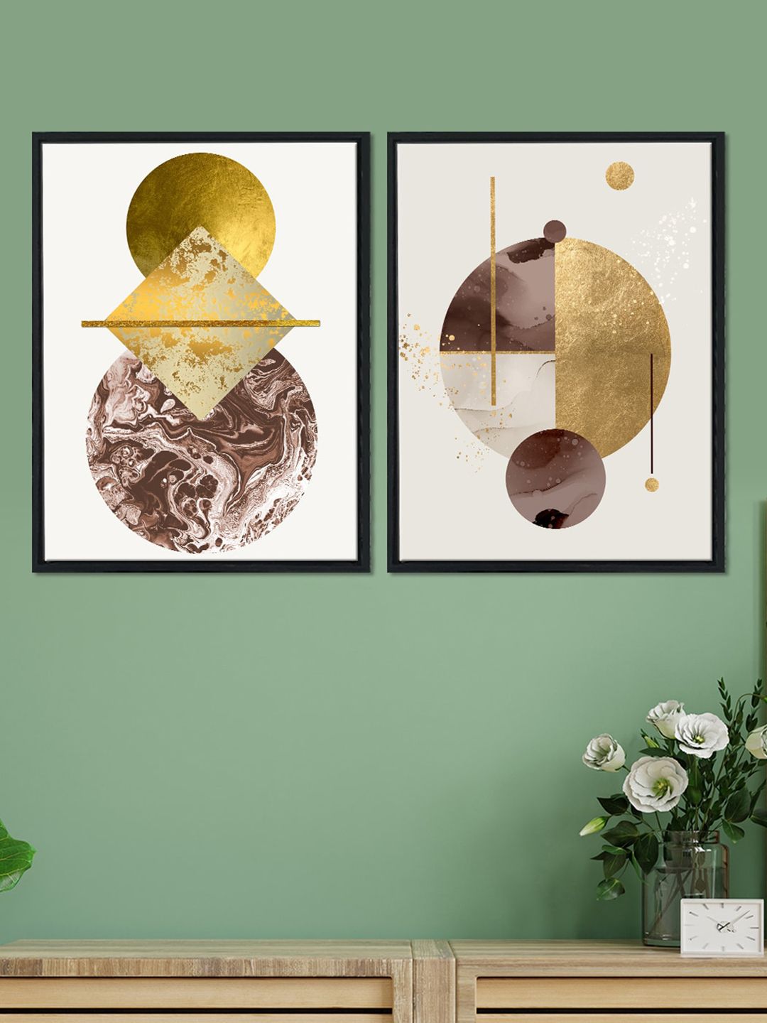 Art Street Unisex Set Of 2 Gold Tomed & Brown Abstract Theme Framed Canvas Wall Art Price in India