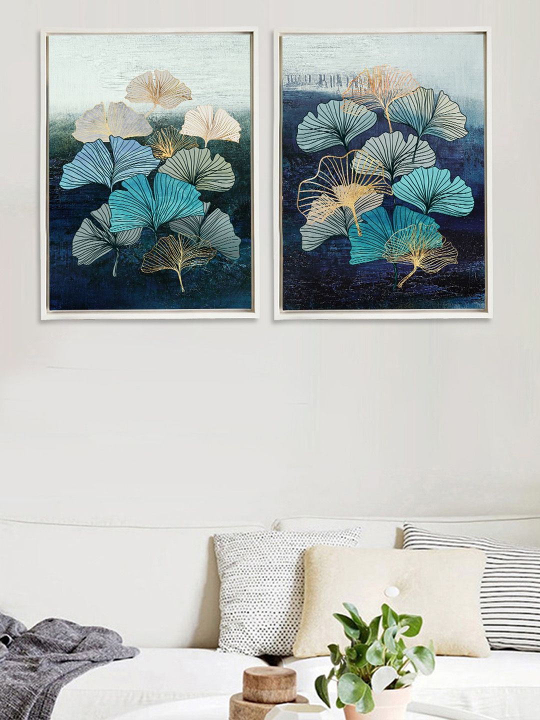 Art Street Set of 2 Blue & Gold Coloured Floral Framed Canvas Wall Art Price in India