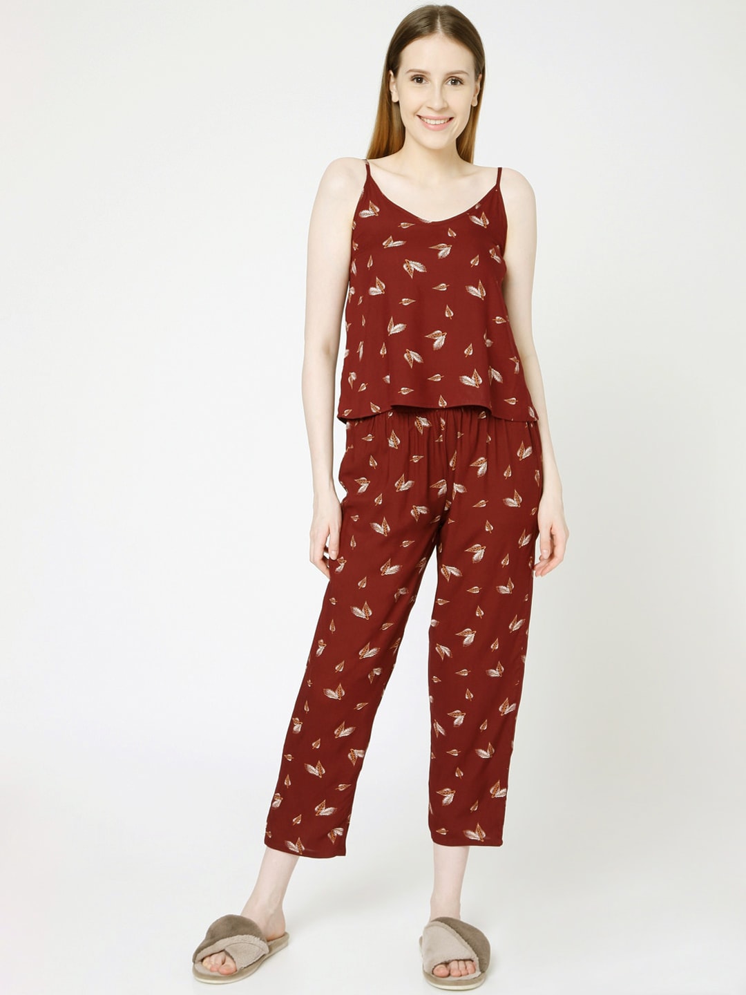 Smarty Pants Women Maroon & Grey Cotton Printed Night suit Price in India