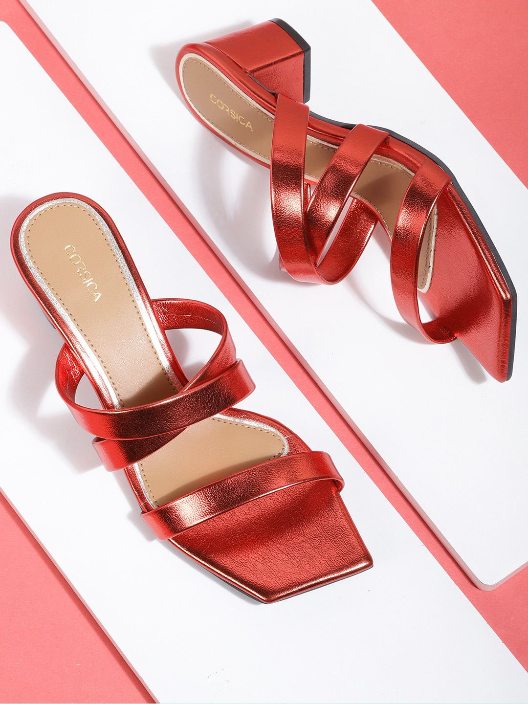 CORSICA Red Solid Block Heels with Glossy Finish Price in India