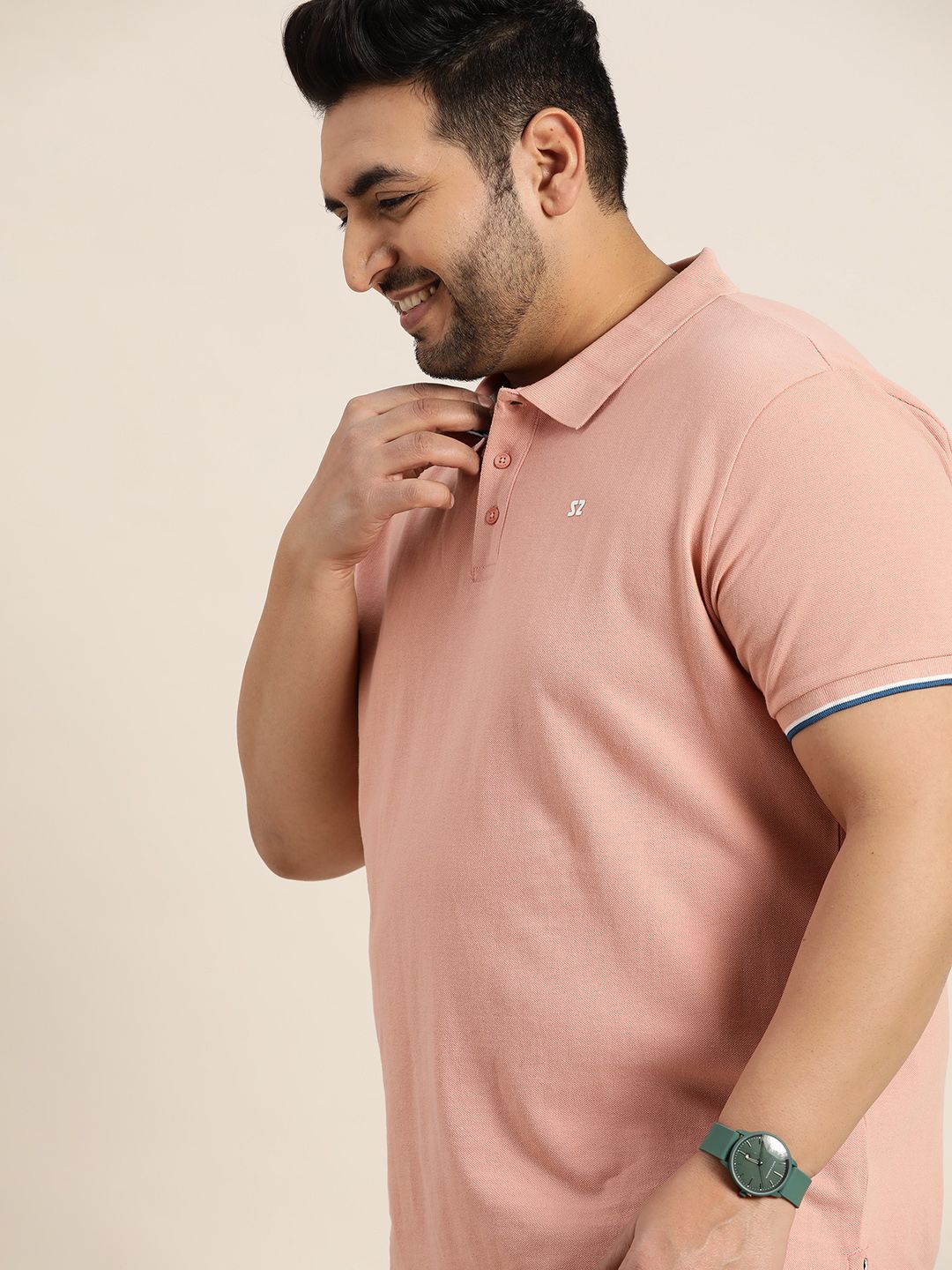 Sztori Men Plus Size Pink Solid Pure Cotton Polo Collar T-shirt
