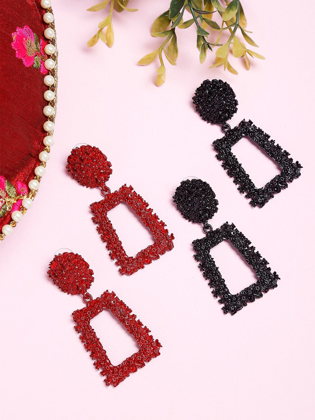 YouBella Red & Black Set of 2 Geometric Drop Earrings Price in India