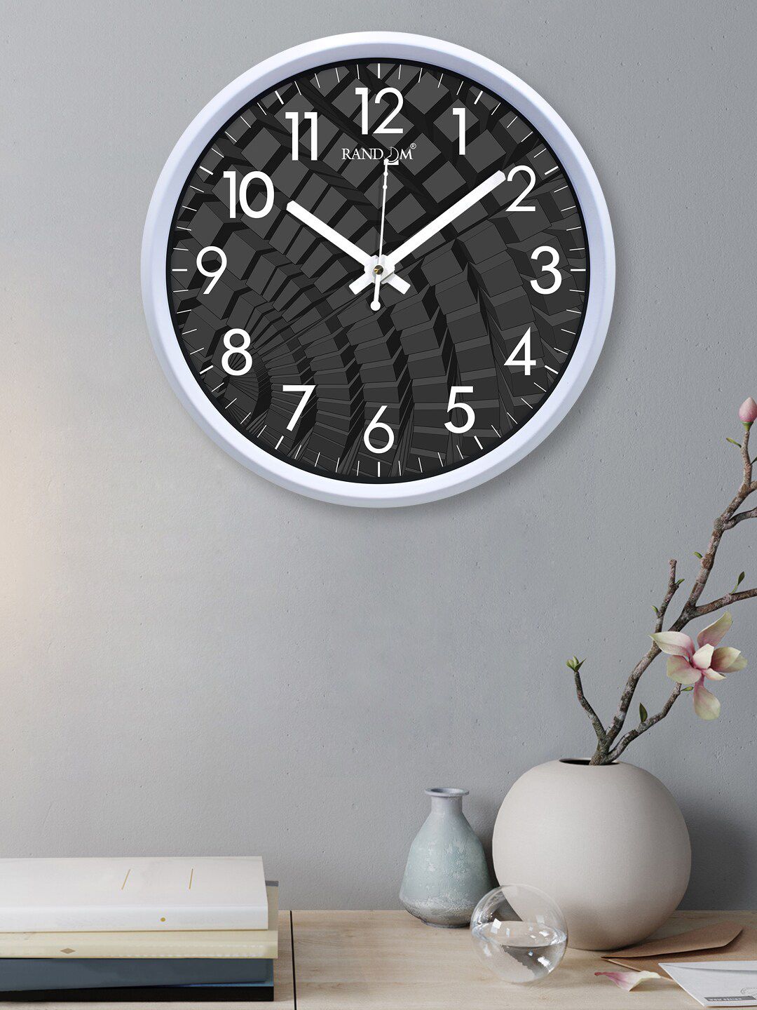 RANDOM Black & Grey Textured Round Cube Plastic Contemporary Wall Clock Price in India